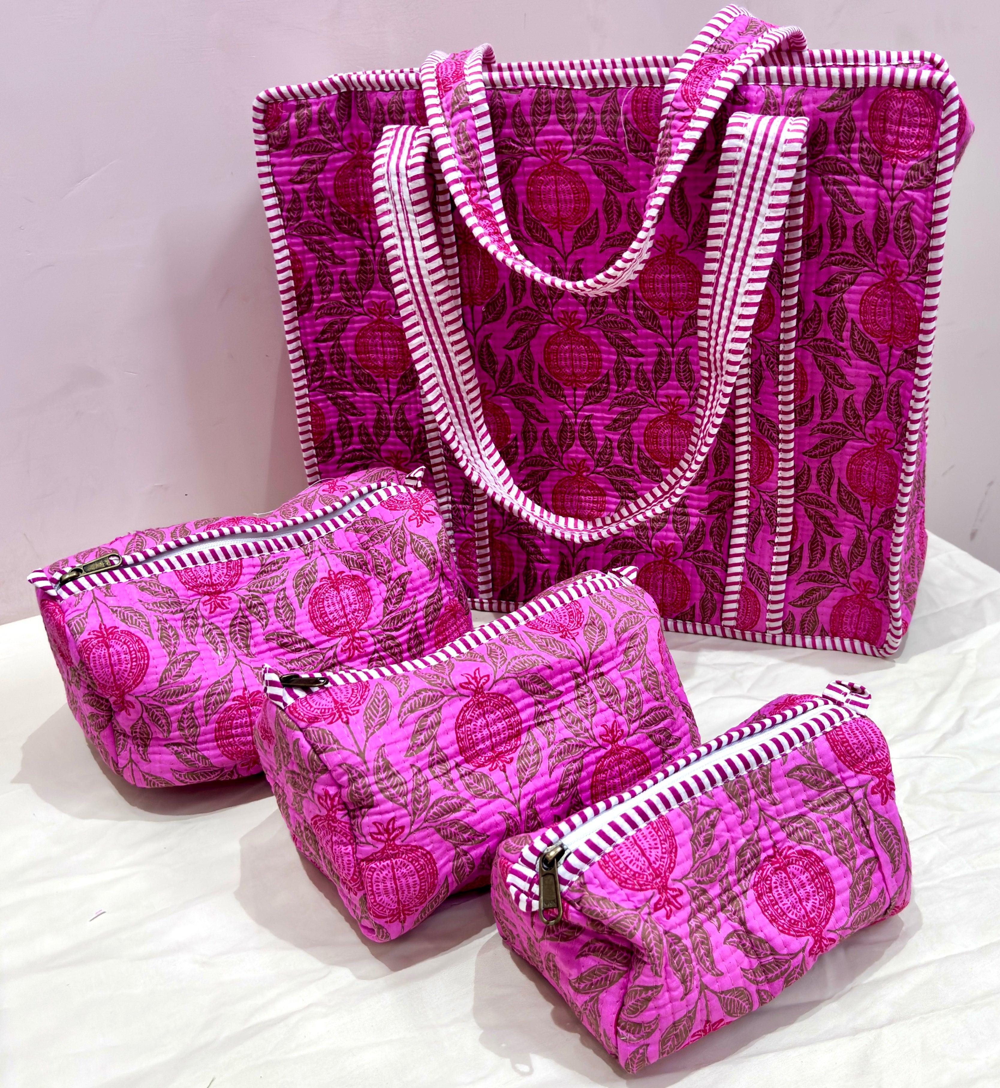 # Pink Floral Print Tote Bag | Pink Cotton Hand Block Printed Reusable Shopping Bag | Handmade Fabric Tote Bag