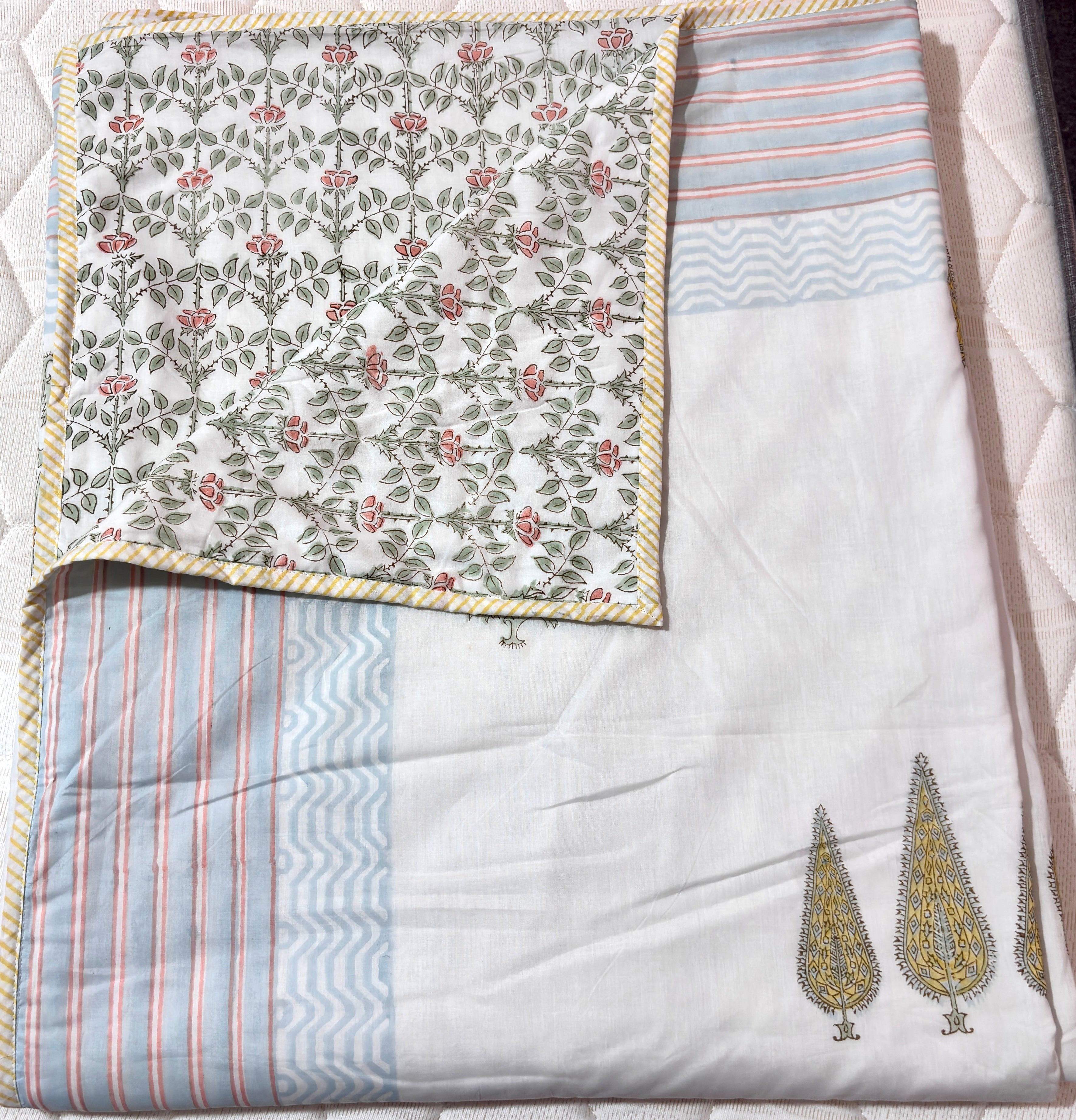 Hand Block Print Cotton Dohar | Reversible Summer Blanket | Soft Mulmul Cotton AC Blanket | Jaipuri Floral Dohar | Lightweight Quilt