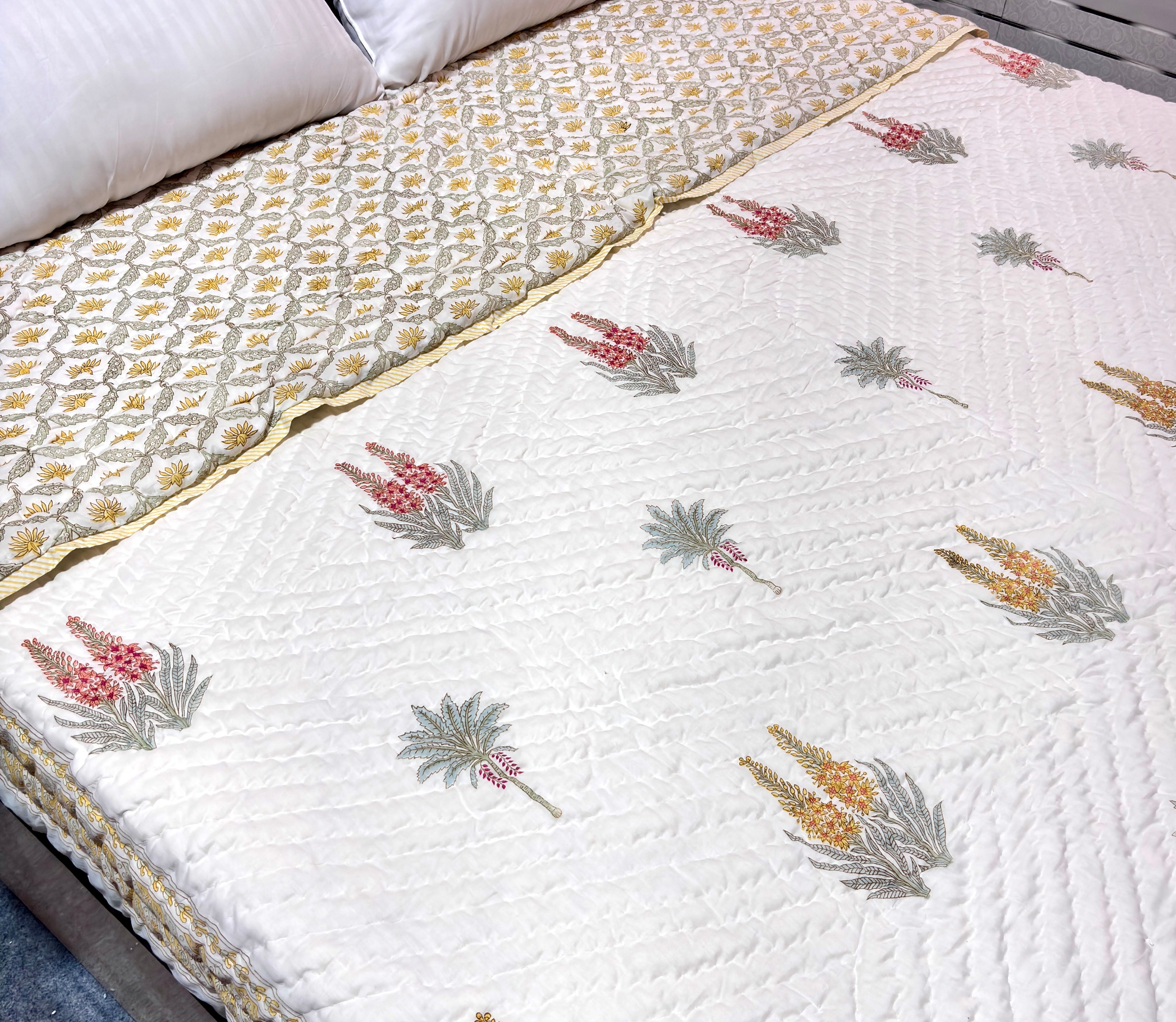 White Hand Block Printed Cotton Quilt | Botanical Floral Jaipuri Quilt | Soft Reversible All Season Bedspreads