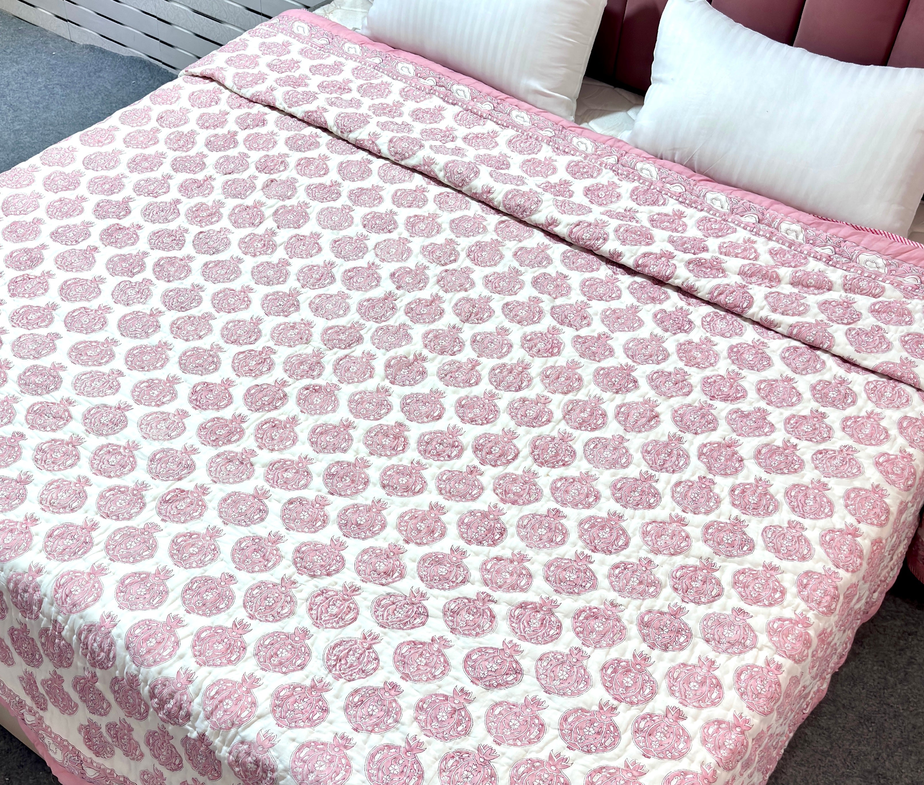 Pink Floral Block Print Cotton Quilt | Handmade Reversible Bed Quilt | Soft Quilted Bedspread | Indian Handcrafted Bedding