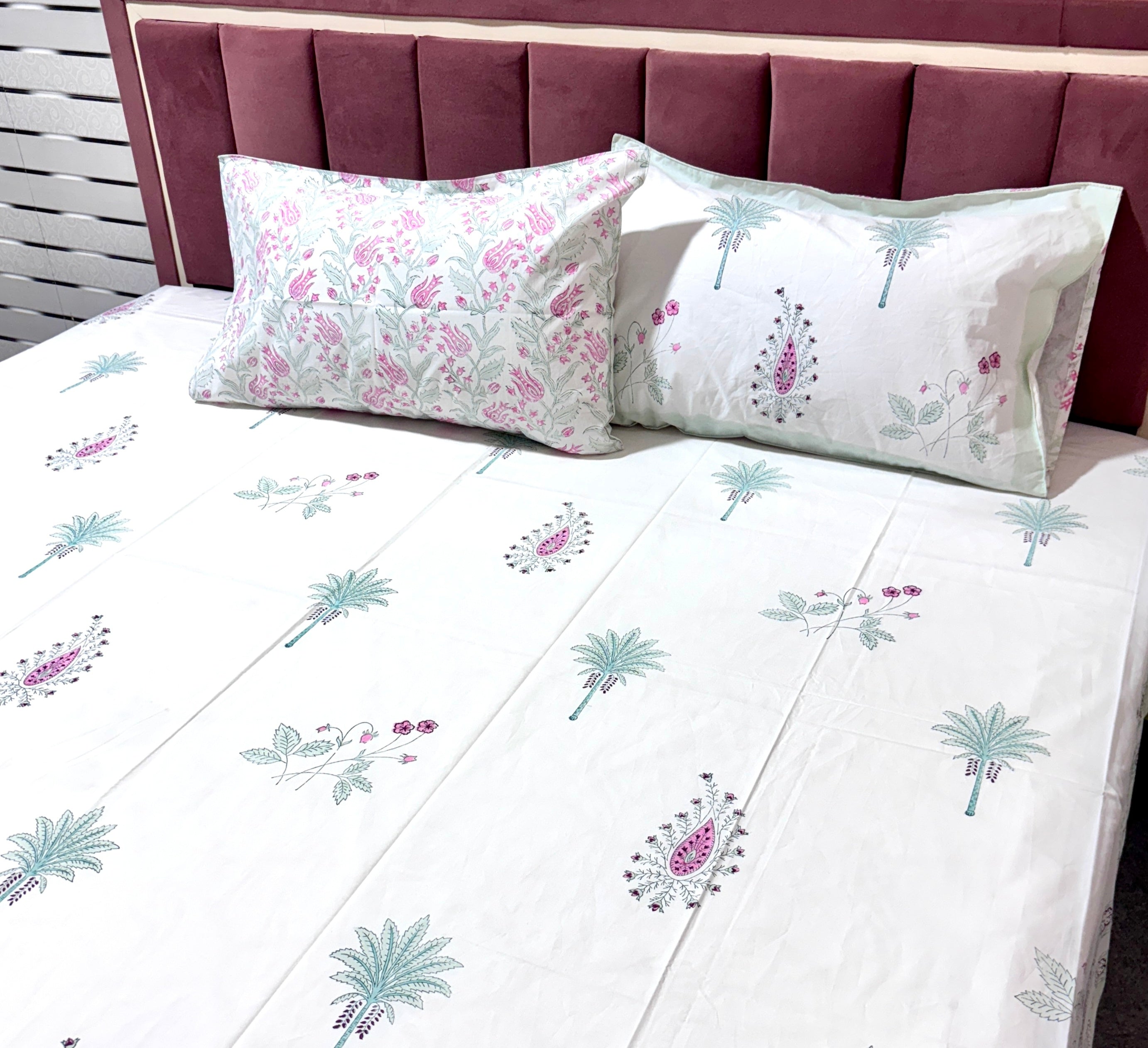 Hand Block Printed Cotton Bedsheet | Palm Tree & Paisley Print Bedsheet with Pillow Covers | Handmade Jaipur Double Bedsheet