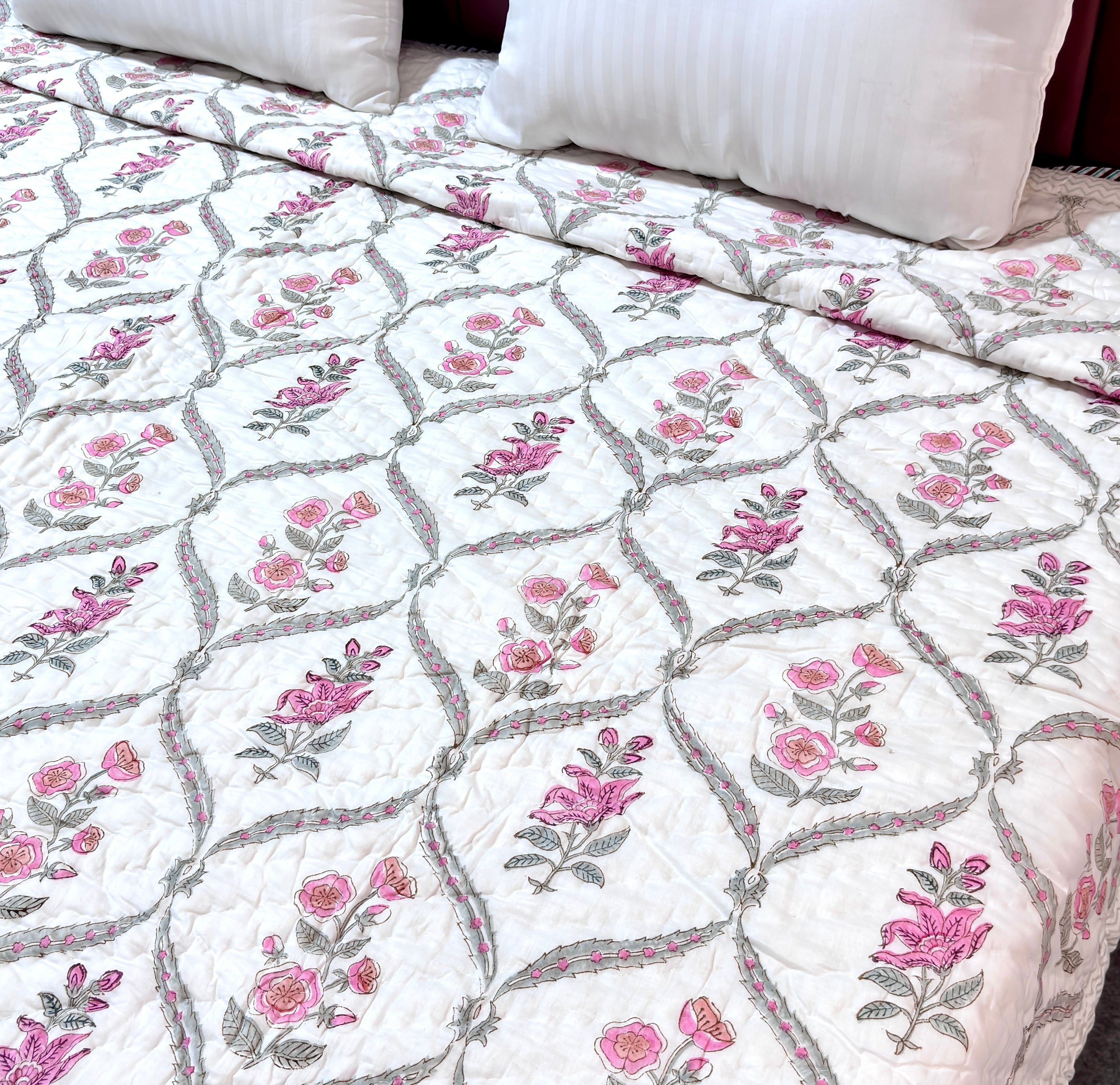Floral Cotton Quilt | Pink Rose & Leaf Printed Bed Quilt | Traditional Indian Cotton Bedspread | Handmade Bedding