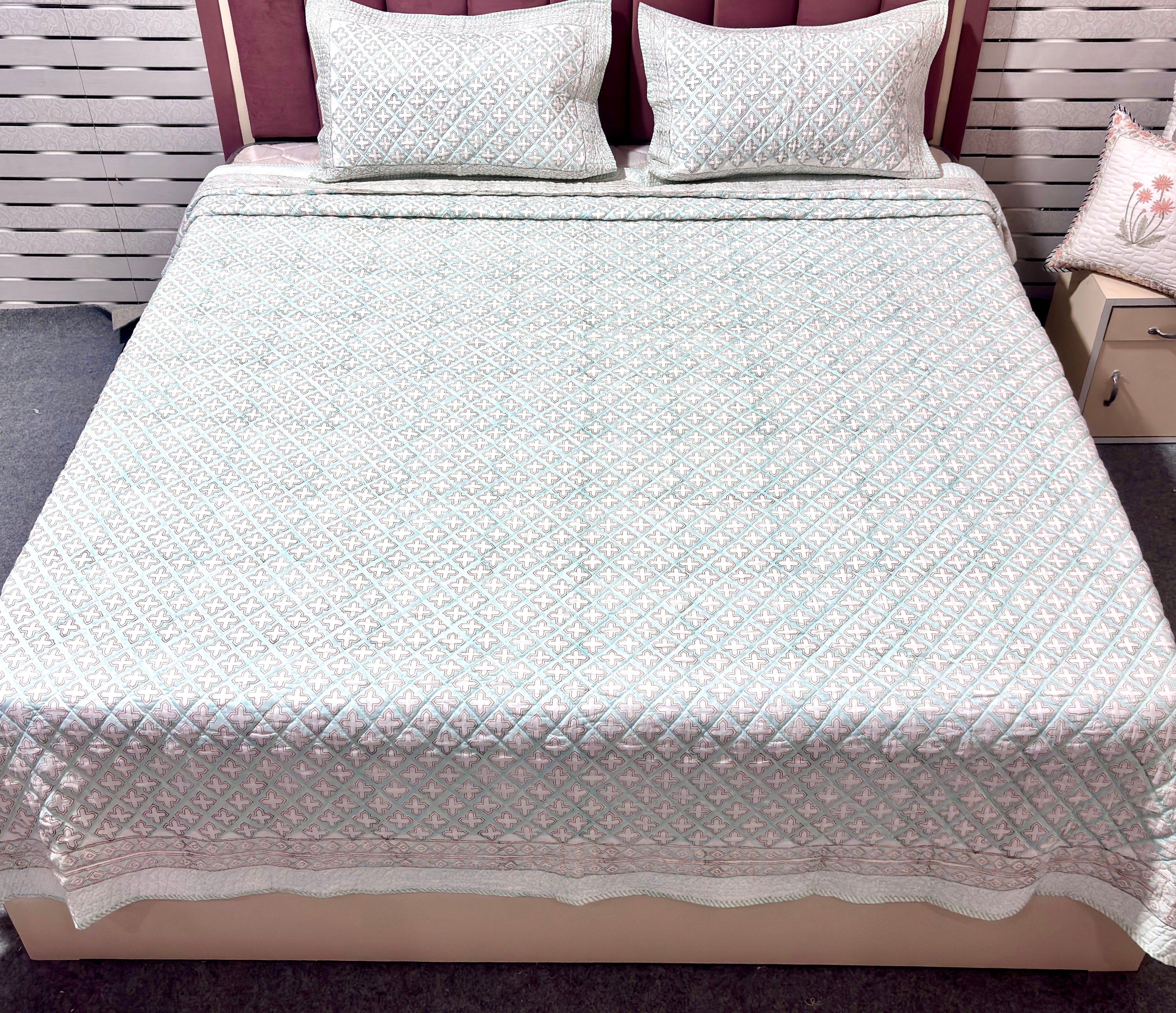 White Aqua Blue & Pink Geometric Quilted Bedcover | Cotton Bedspread | Hand Block Printed Handmade Bed Cover | Lightweight Bedding