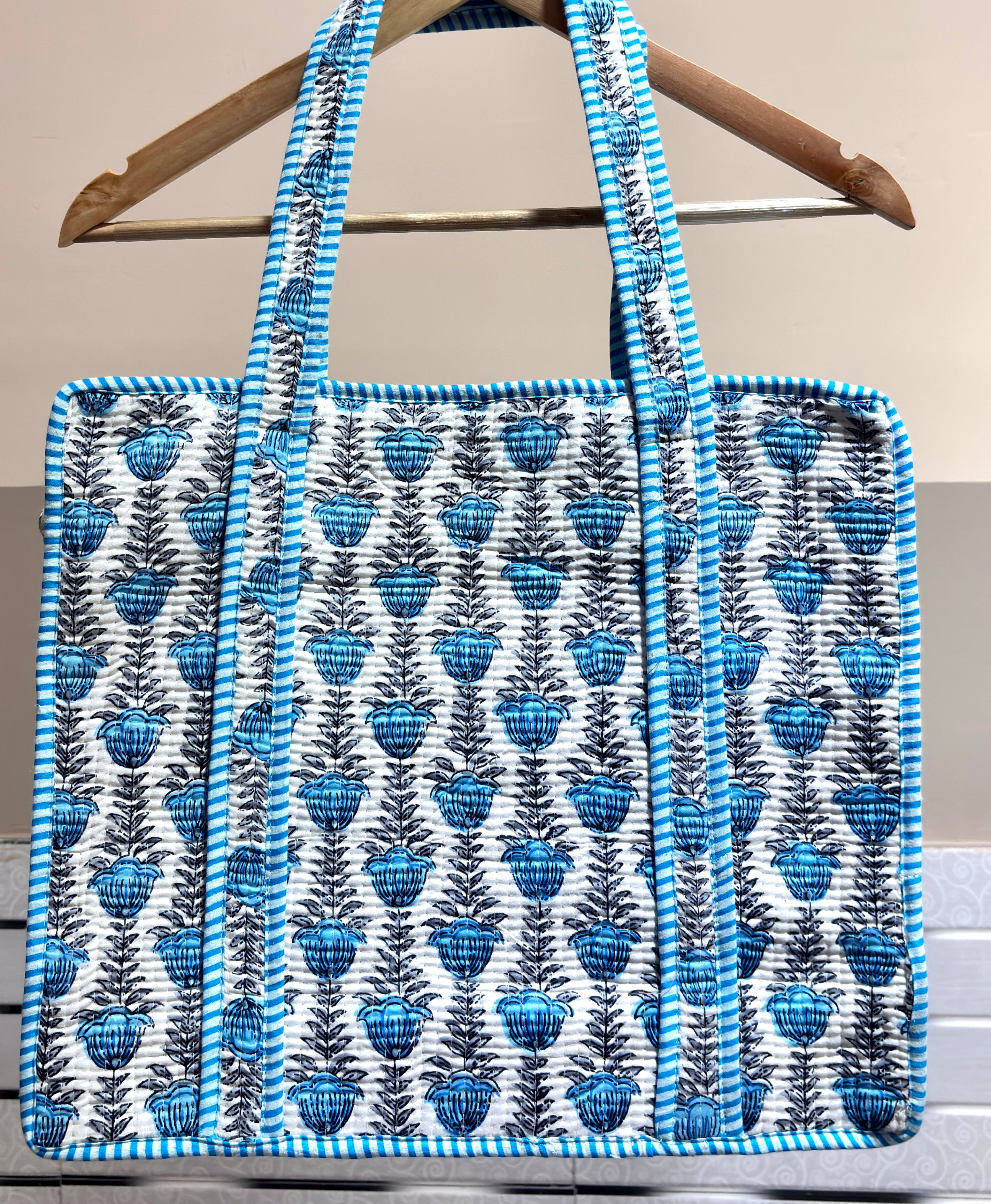 Hand Block Print Quilted Cotton Tote Bag, Handmade Indian Floral Shoulder Bag, Reusable Shopping Bag, Travel Beach Tote, Gift for Her