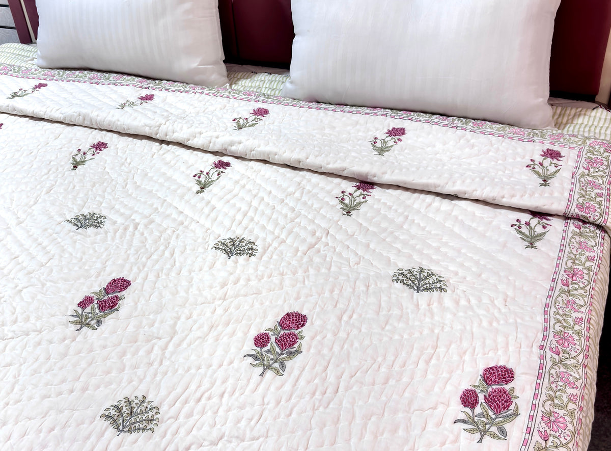 White Floral Cotton Quilt  Queen Size | Printed Botanical Quilted Bedspread | Soft Lightweight Bed Cover for Bedroom Decor