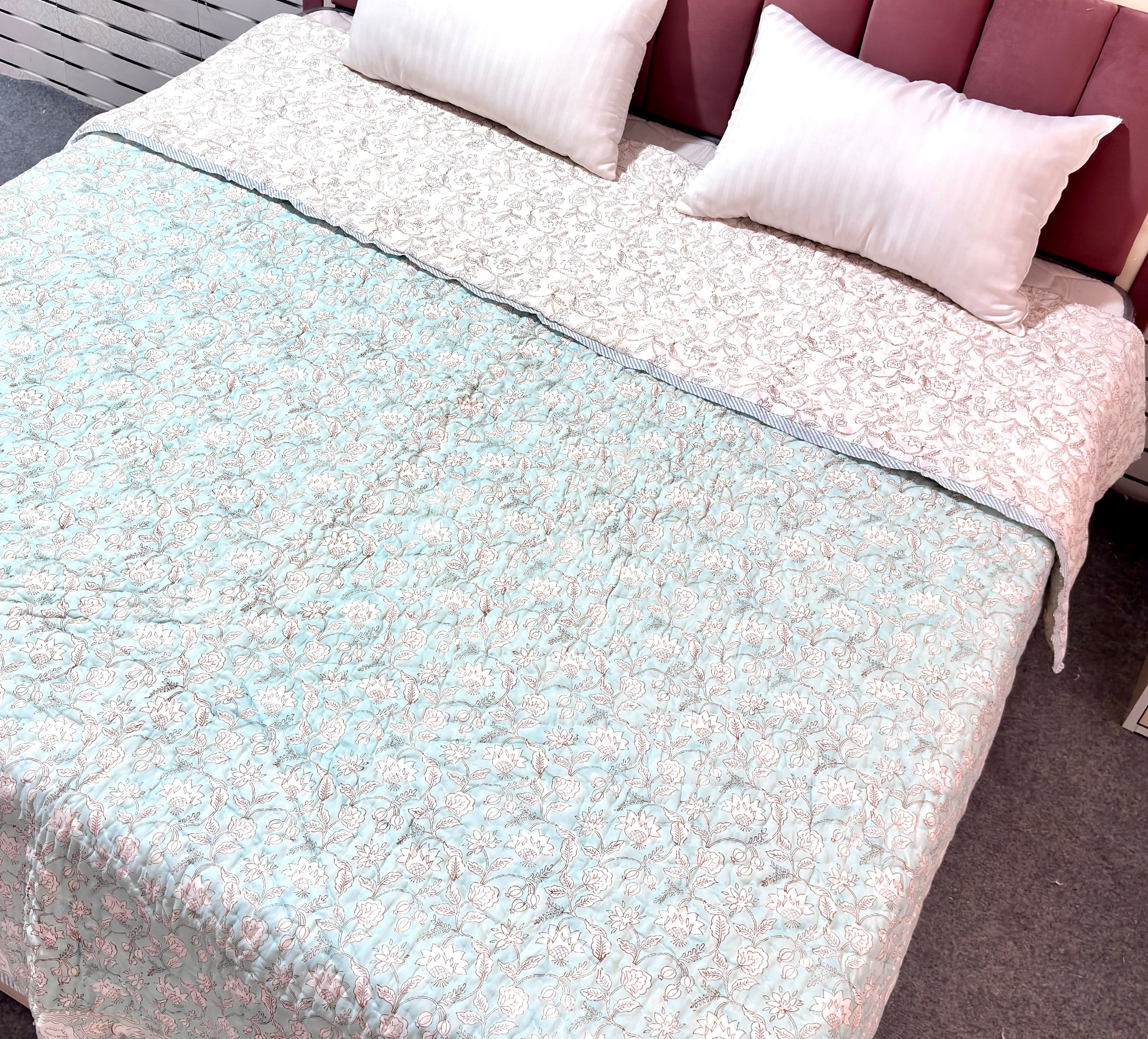 Floral Blue Cotton Quilt | Reversible Pink Flower Quilt | Hand Block Printed Indian Cotton Bedspread | Handmade Bedding