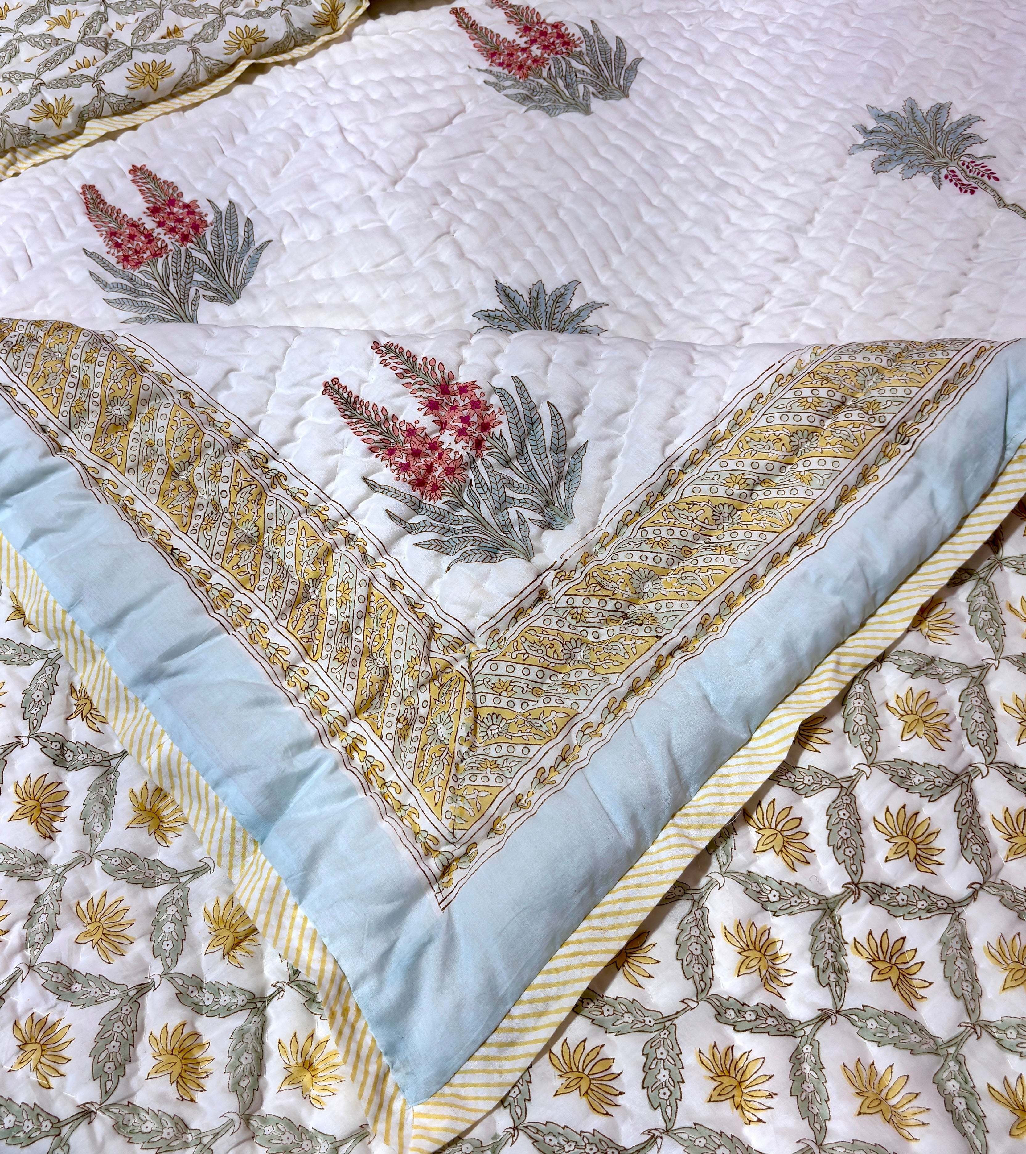 White Hand Block Printed Cotton Quilt | Botanical Floral Jaipuri Quilt | Soft Reversible All Season Bedspreads