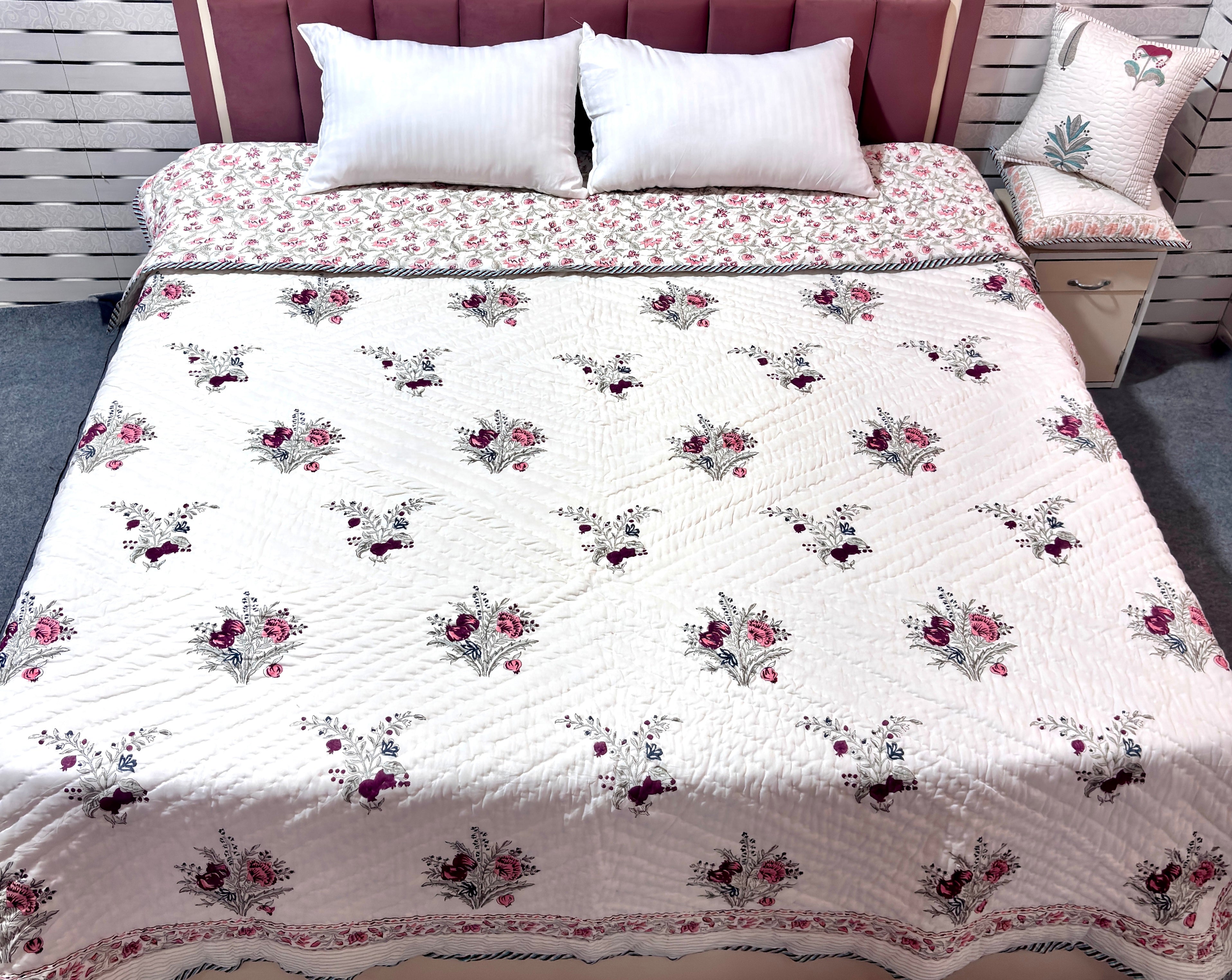 Floral Hand Block Print Quilt Queen Size Cotton Bedding | Soft Lightweight Kantha Quilt | Jaipur Handmade Bedspread