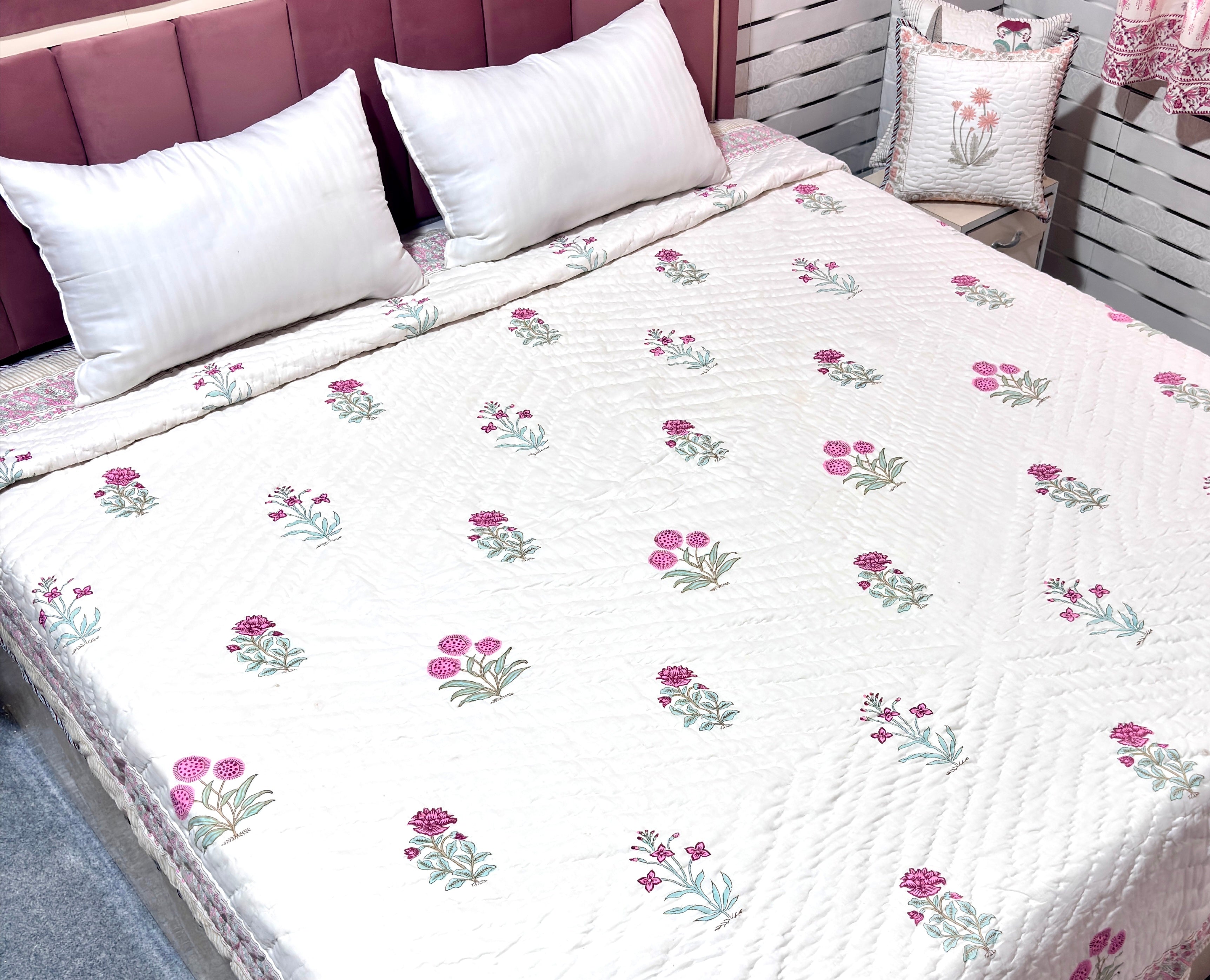 Pink White Floral Cotton Quilt | Quilted Bedspread | Hand Block Printed Handmade Quilt | Soft Lightweight Quilt