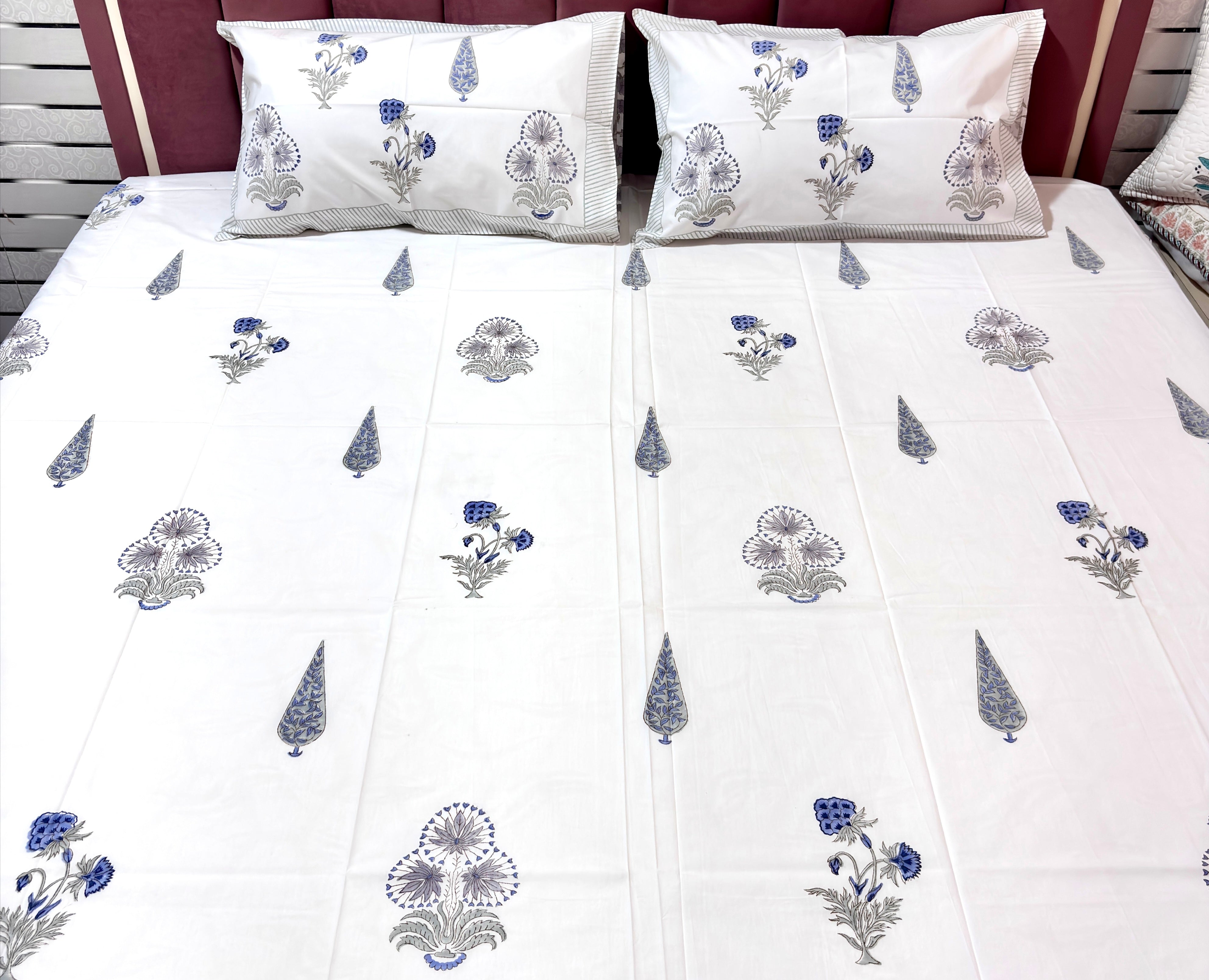 Hand Block Print Cotton Bedsheet Queen Size, Blue Floral Bedding Set, Handmade Indian Bed Linen, Luxury Bedroom Decor