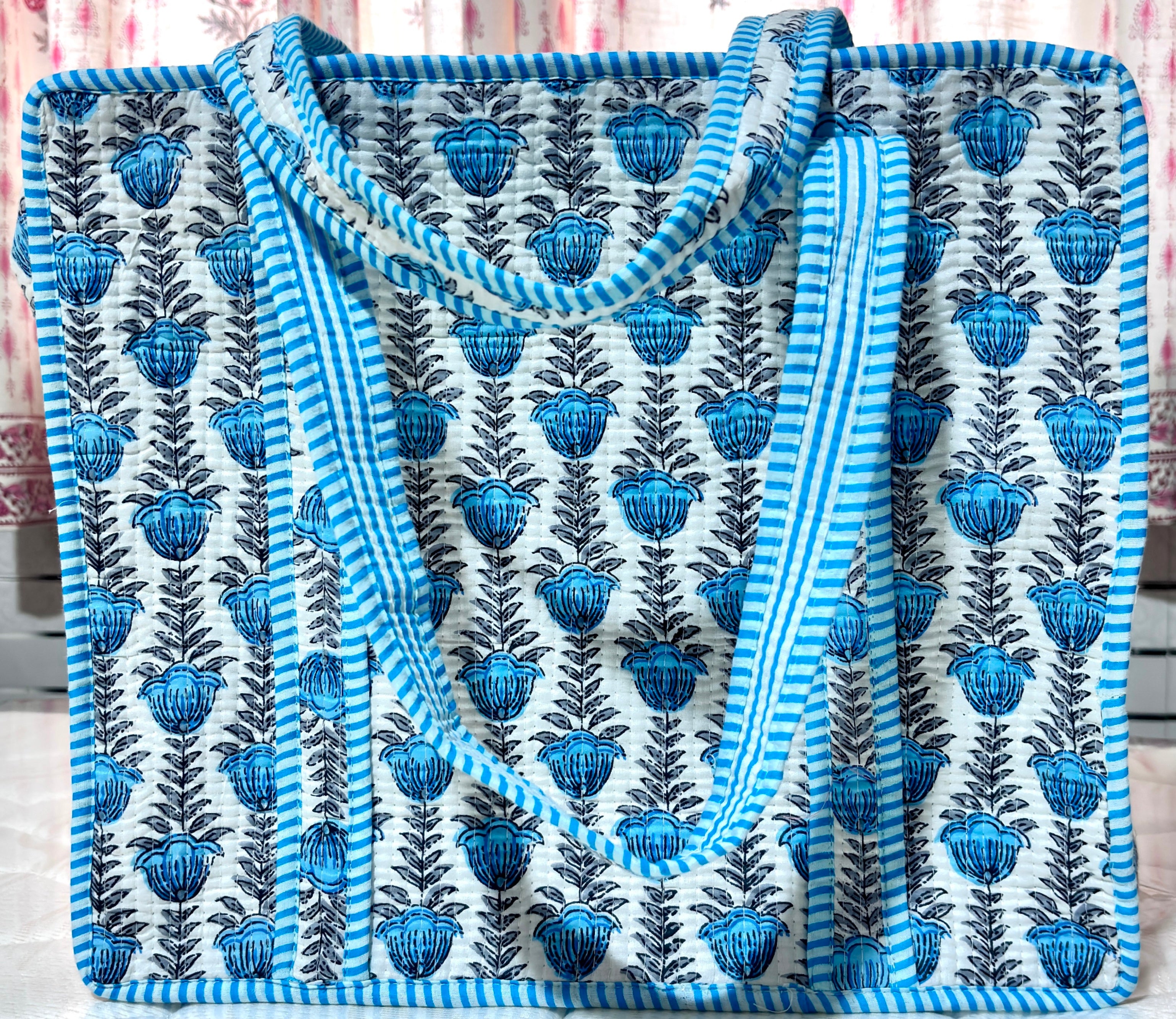 Hand Block Print Quilted Cotton Tote Bag, Handmade Indian Floral Shoulder Bag, Reusable Shopping Bag, Travel Beach Tote, Gift for Her