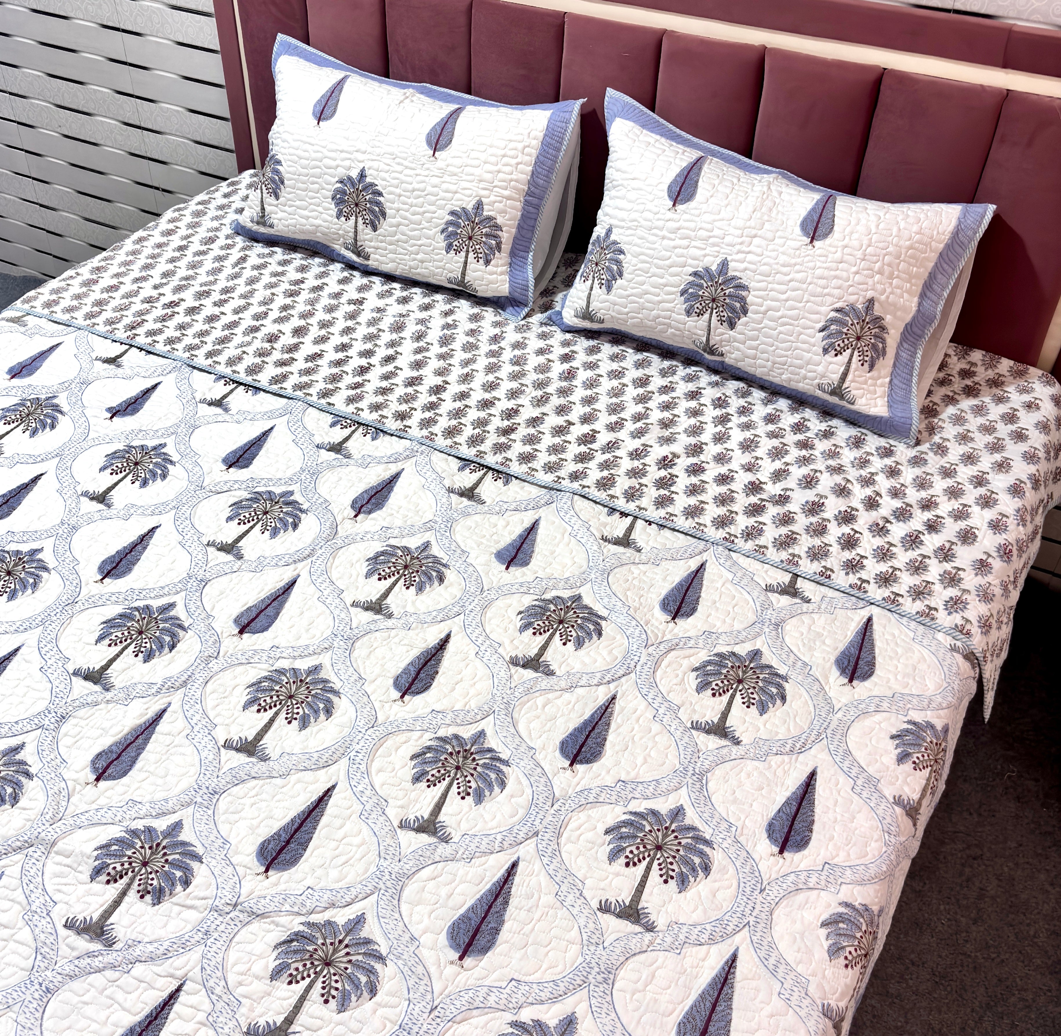 White Blue Palm Tree Quilted Bedcover | Cotton Bedspread | Hand Block Printed Handmade Bed Cover | Paisley Floral Bedding