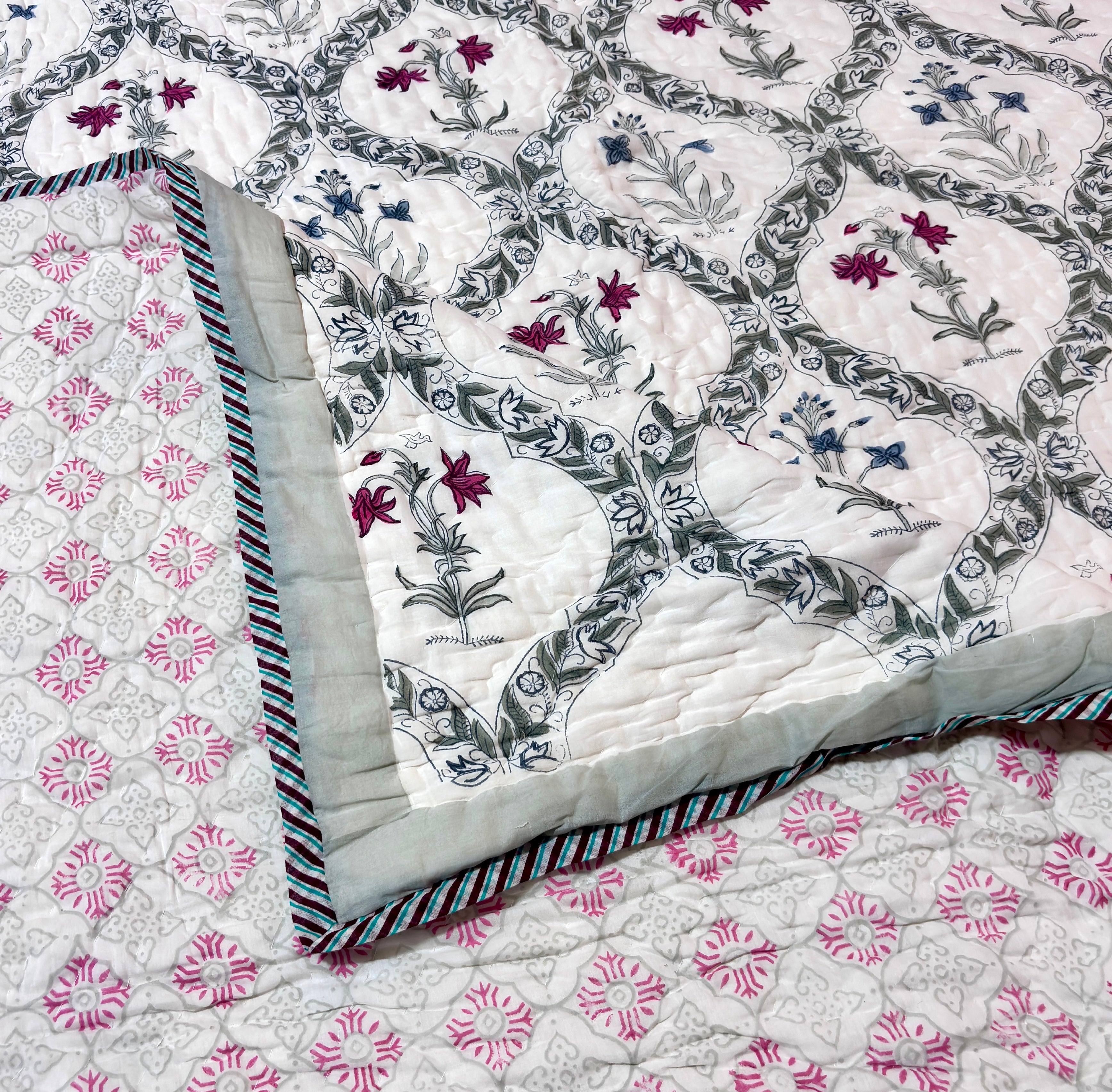 Floral Printed Cotton Quilt | Pink & Blue Floral Bed Quilt | Handmade Indian Cotton Quilt | Reversible Bedding