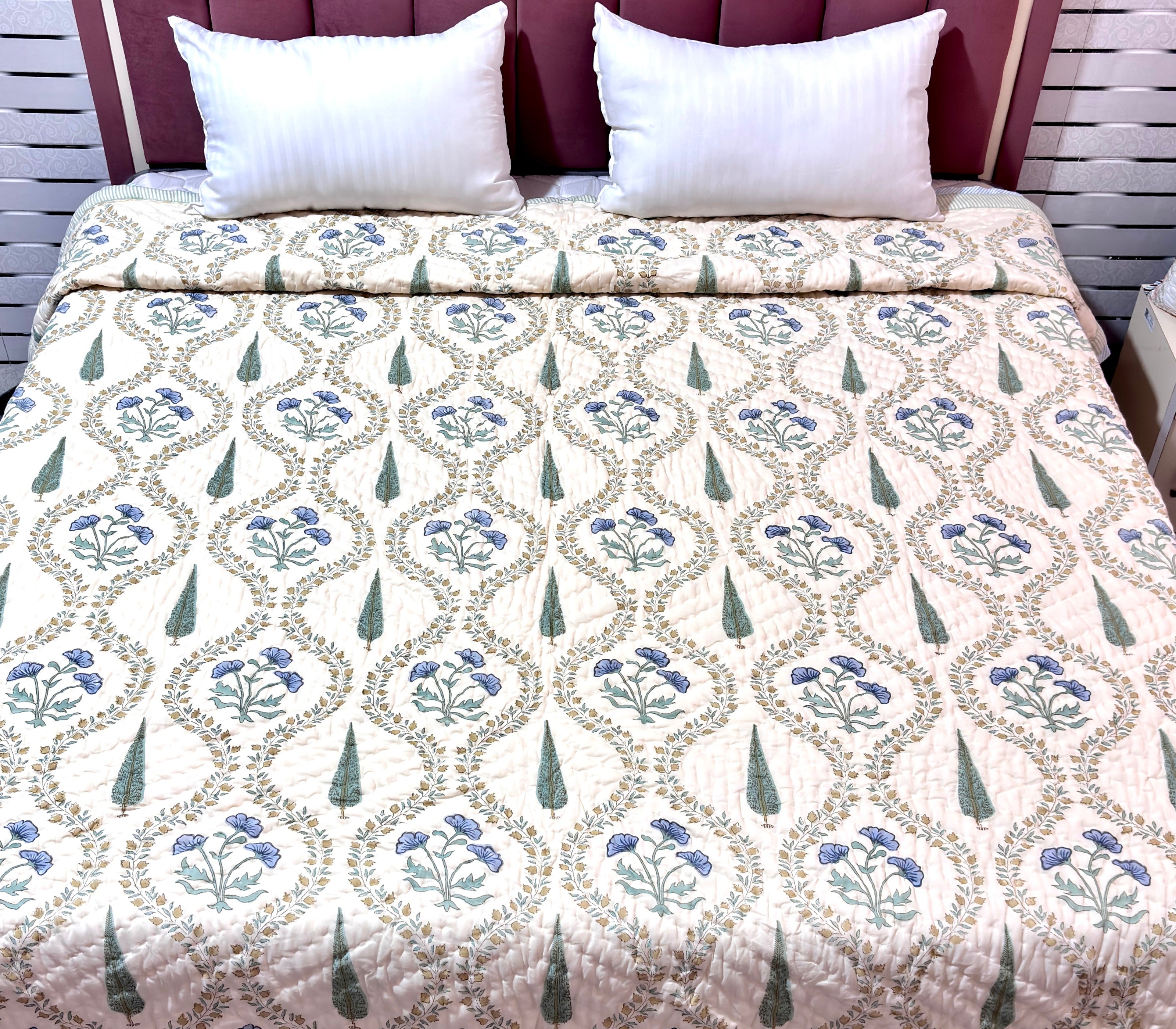 Blue Floral Cotton Quilt | Traditional Indian Flower Print Bed Quilt | Soft Cotton Bedspread | Handmade Bedding