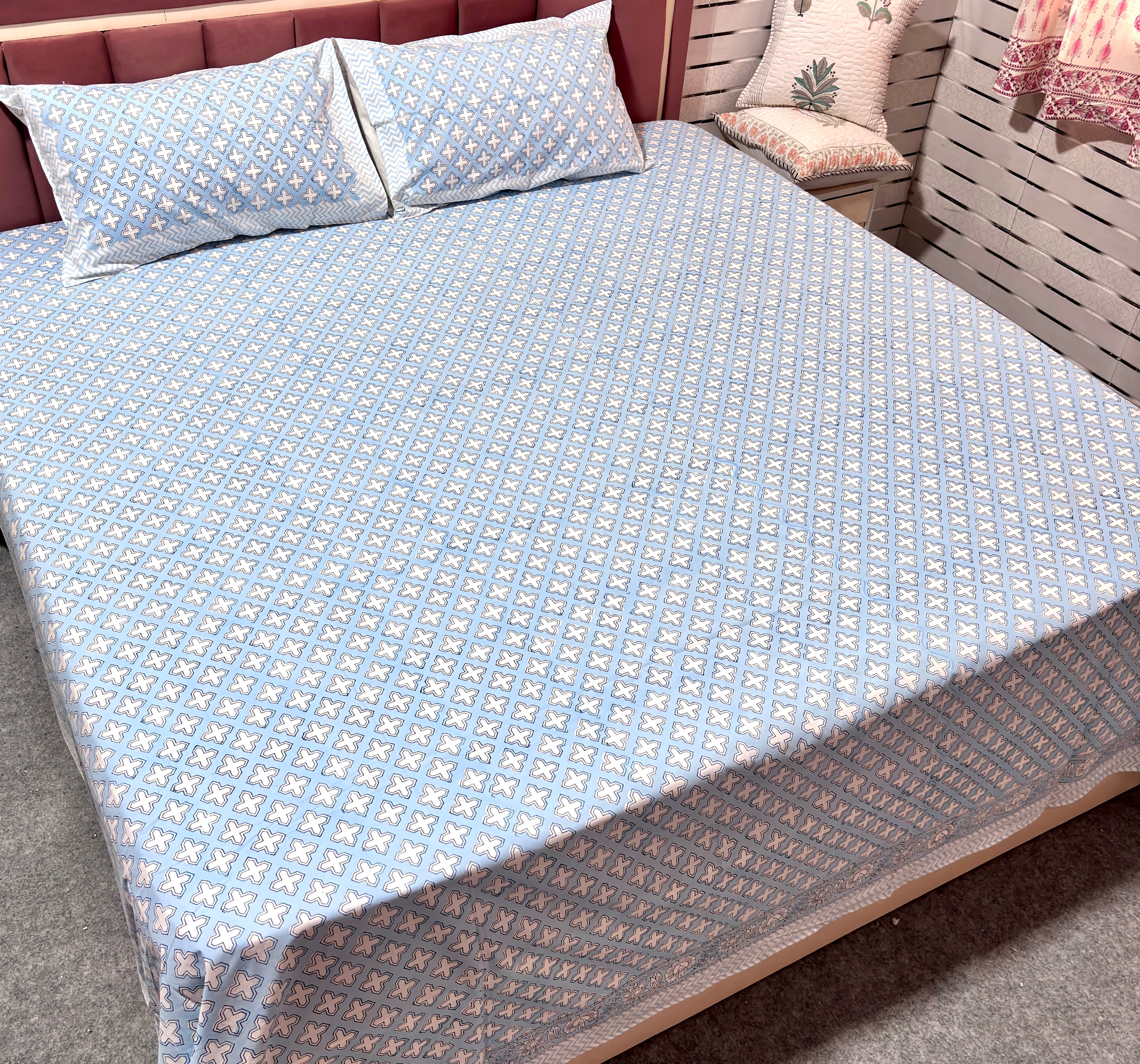 Premium Blue Cotton King Size Bedsheet with Pillow Covers