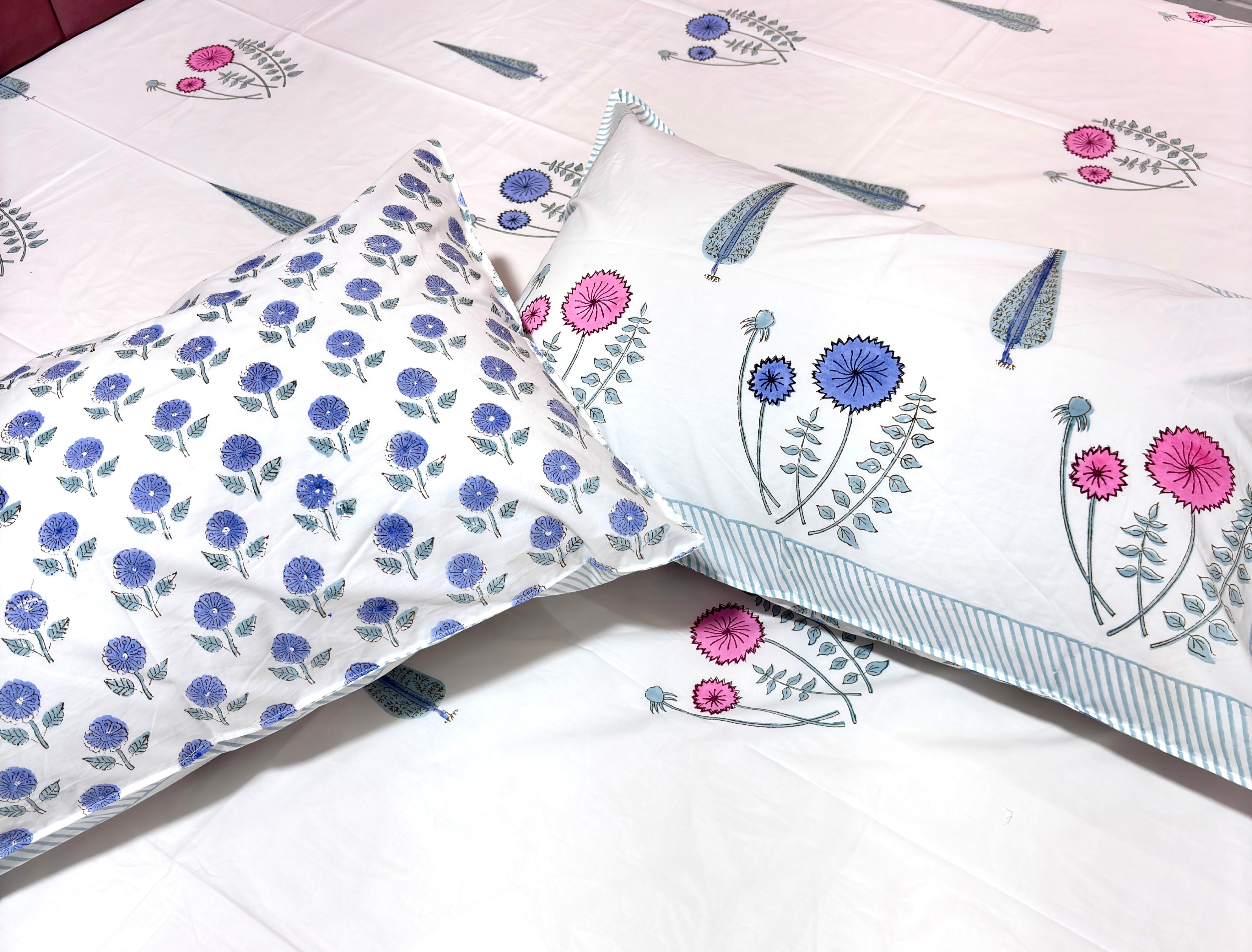 Blue Pink Floral Print Cotton Bedsheet | Hand Block Printed Double Bed Sheet | White Botanical Bedsheet | 108 x 108 Inch