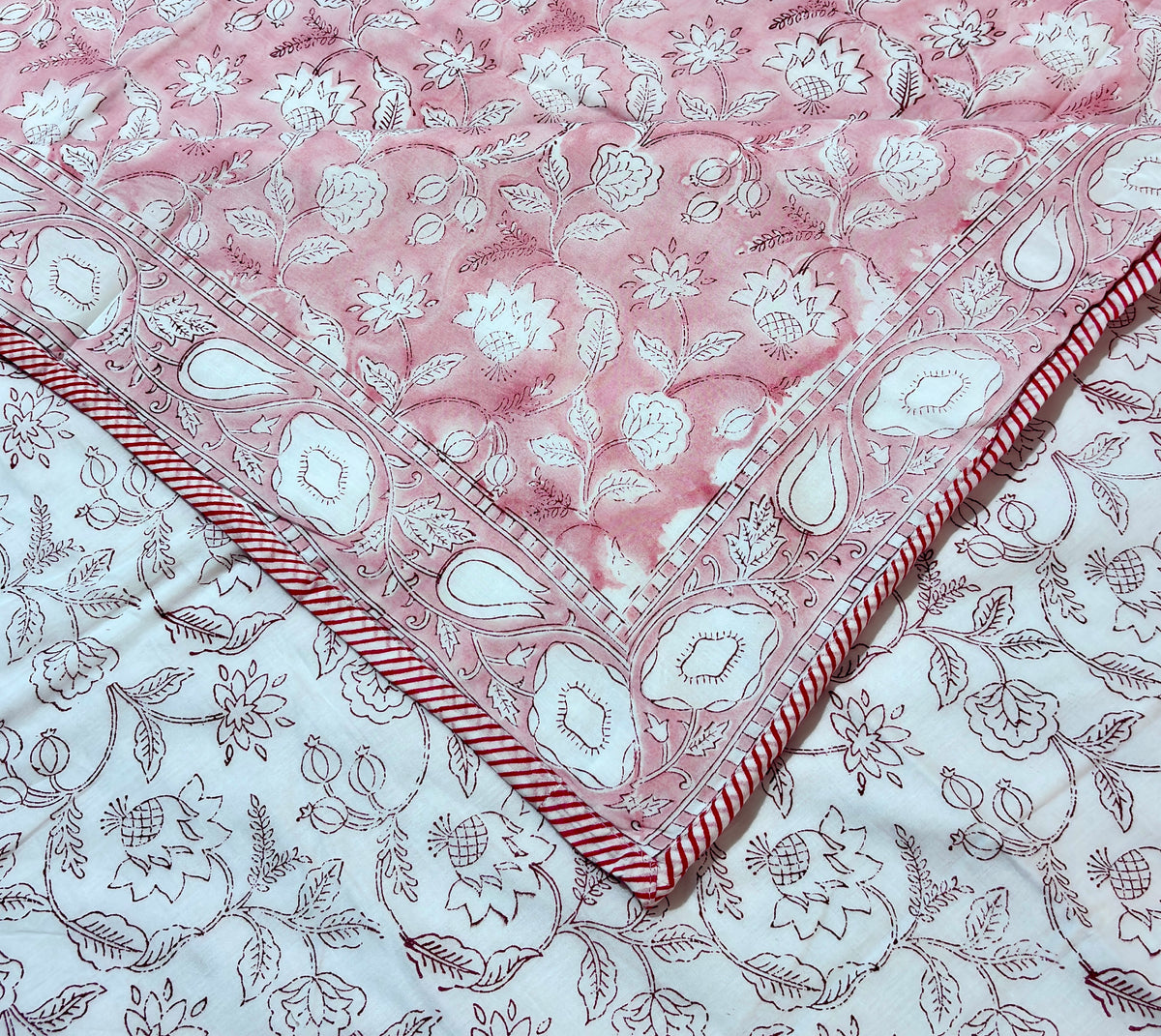 Pink Floral Cotton Dohar | Soft Printed Summer Blanket | Elegant Floral Double Bed Dohar | Lightweight Indian Bedding