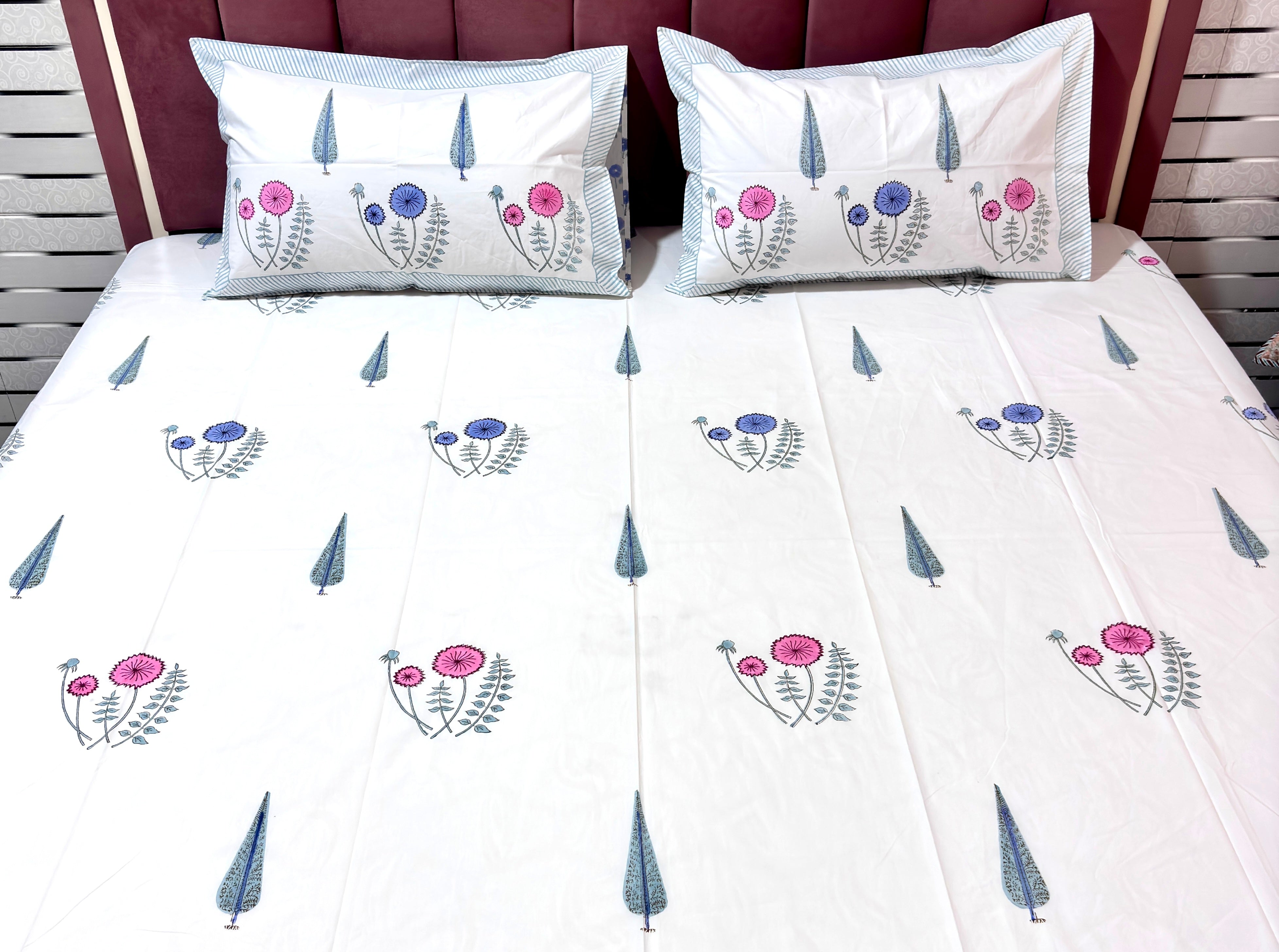 Blue Pink Floral Print Cotton Bedsheet | Hand Block Printed Double Bed Sheet | White Botanical Bedsheet | 108 x 108 Inch