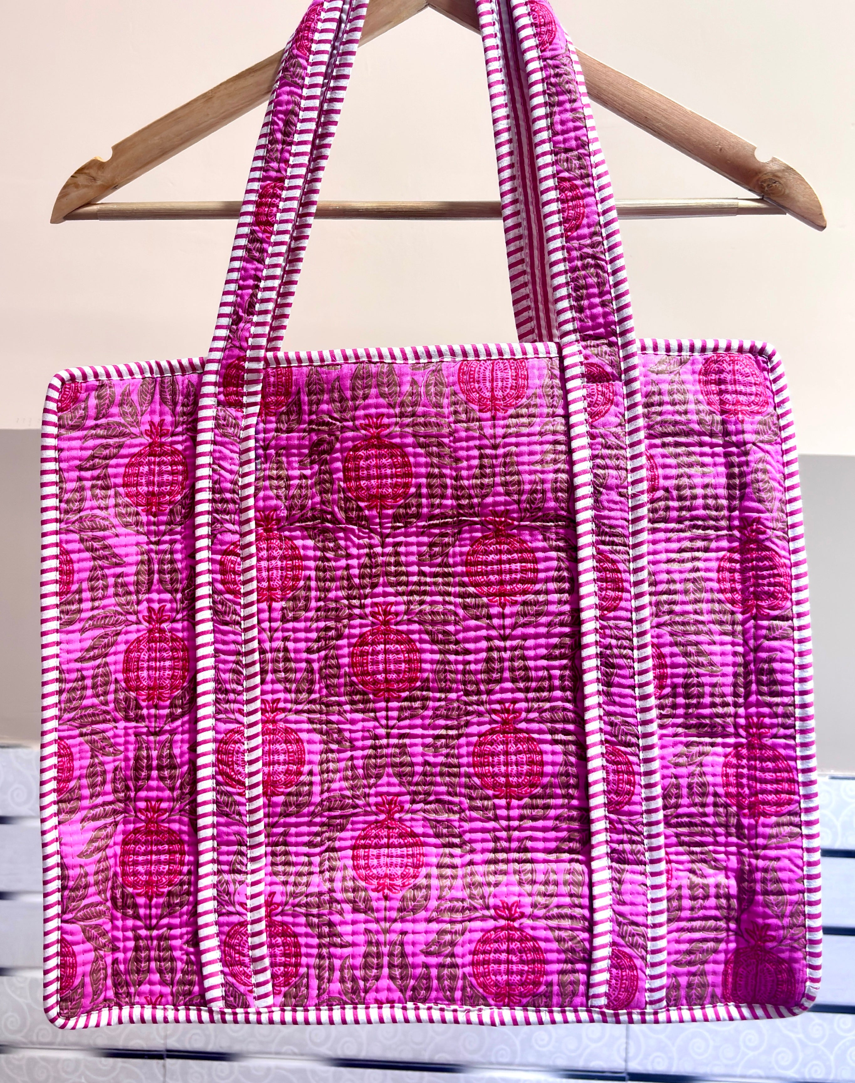 Pink Floral Quilted Cotton Tote Bag for Women | Handmade Shoulder Bag | Large Reusable Shopping, Travel & Everyday Carry Bag