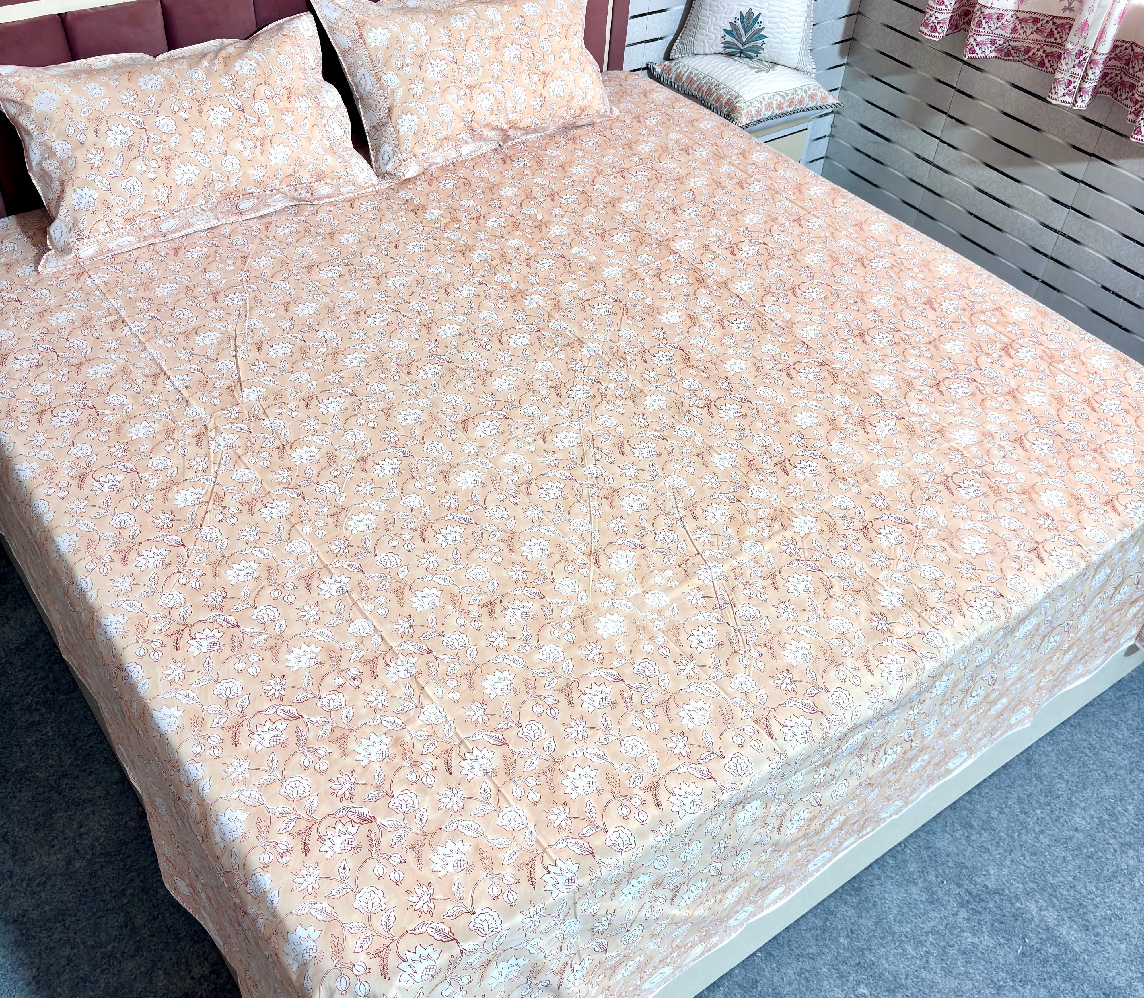 Floral Hand Block Print Cotton Bedsheet King Size | Peach Beige Bedding Set with Pillow Covers | Jaipur Handmade Bedsheet
