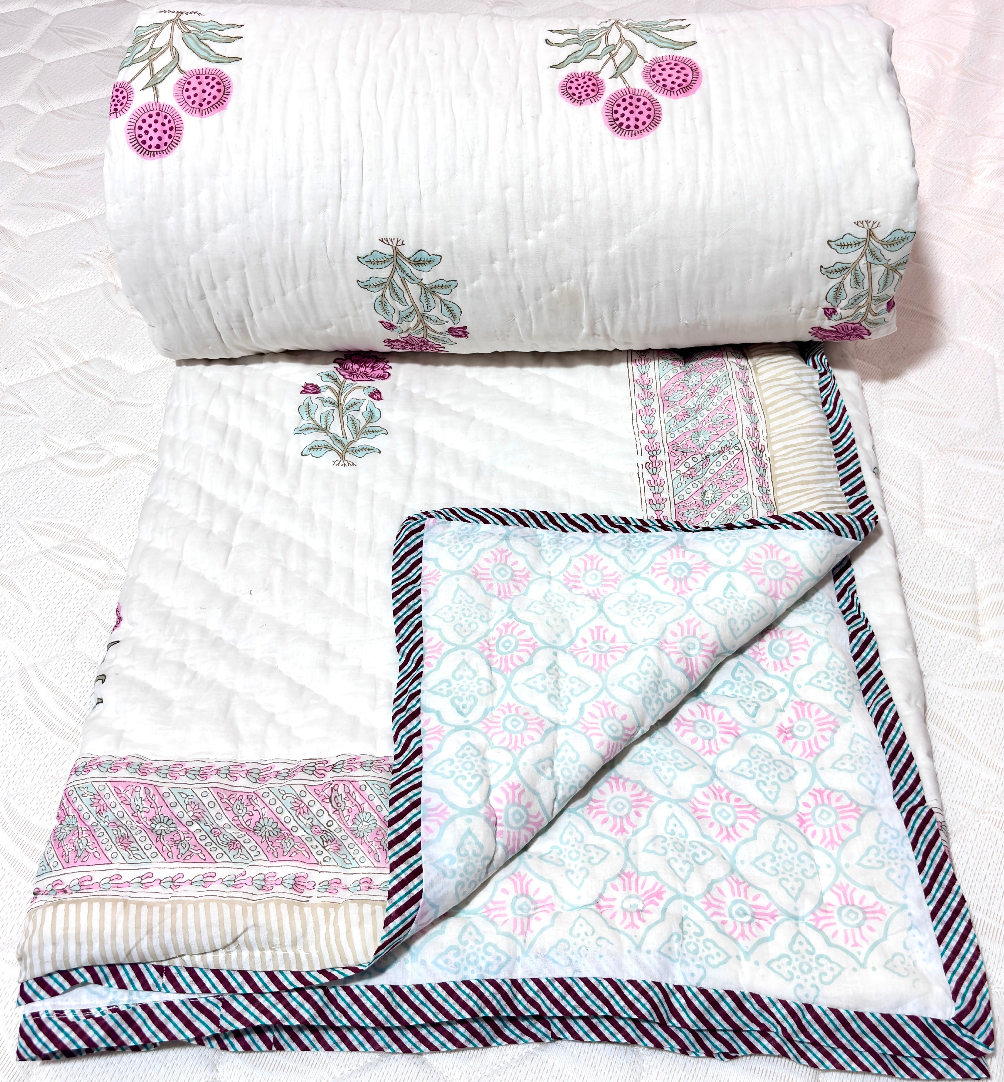 Pink White Floral Cotton Quilt | Quilted Bedspread | Hand Block Printed Handmade Quilt | Soft Lightweight Quilt