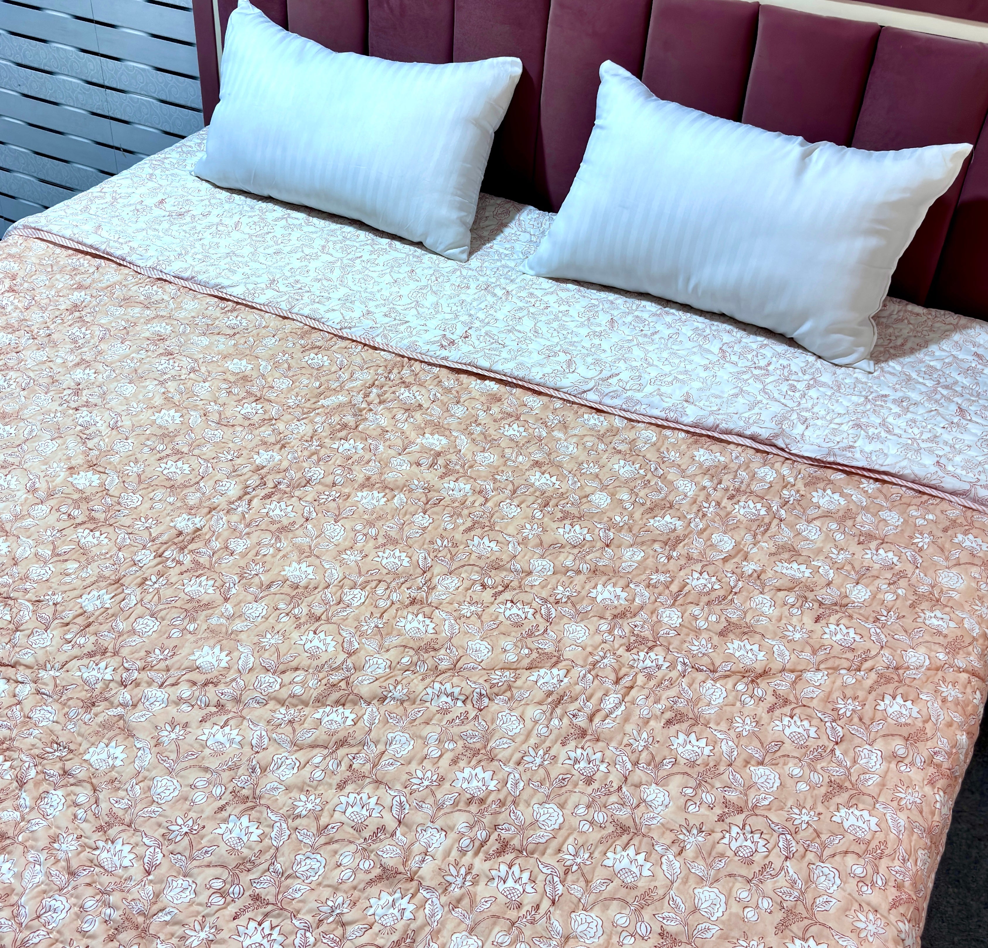 Peach Floral Cotton Quilt | Hand Block Printed Flower Quilt | Soft Indian Cotton Bedspread | Handmade Bedding