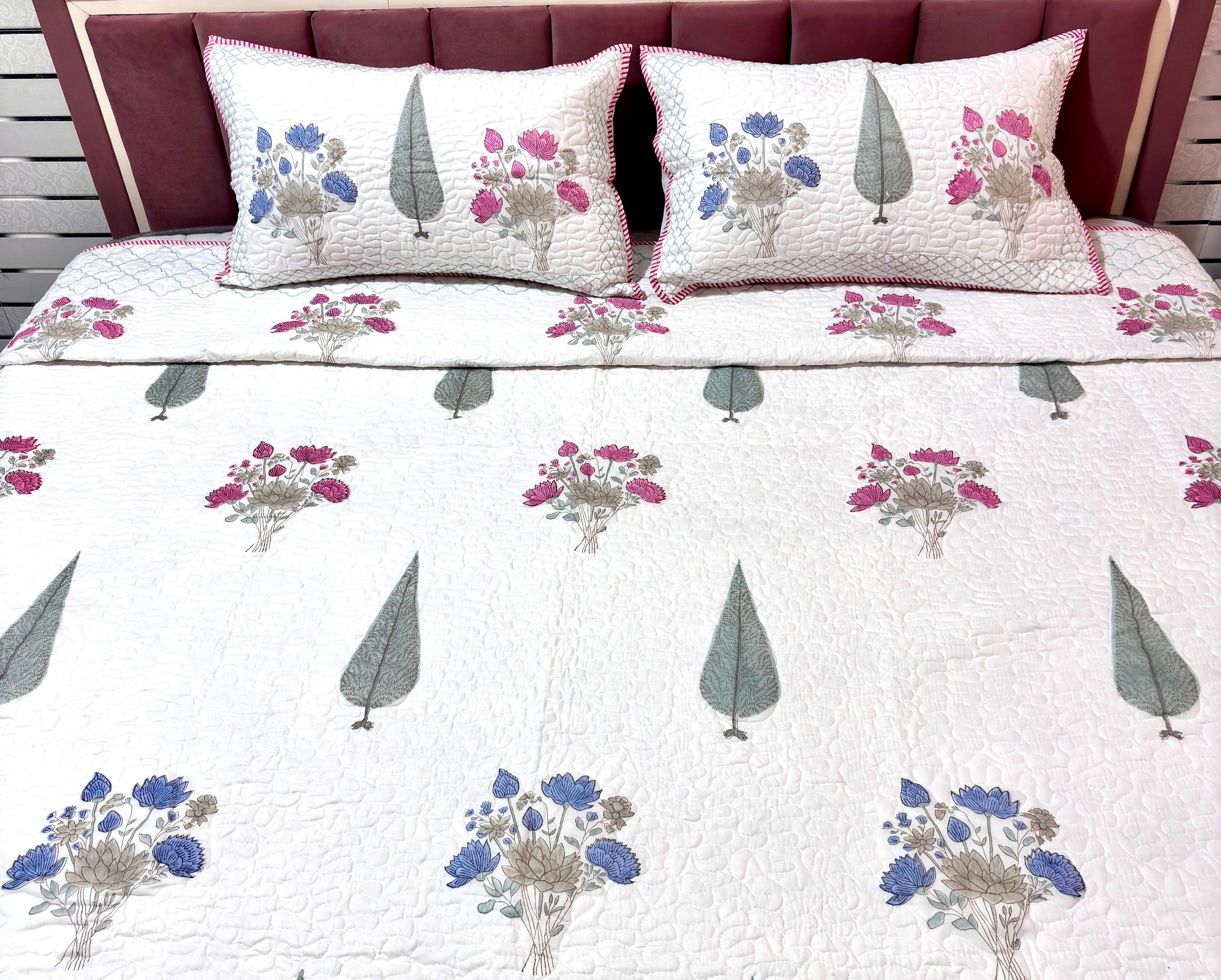 Premium Floral Quilted Bedcover Set with Pillow Covers – Soft Cotton Double Bedspread for Home Decor