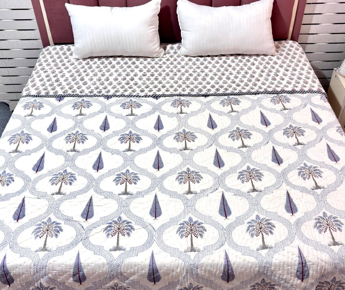 White Blue Floral Cotton Quilt | Printed Reversible Bedspread | Queen Size