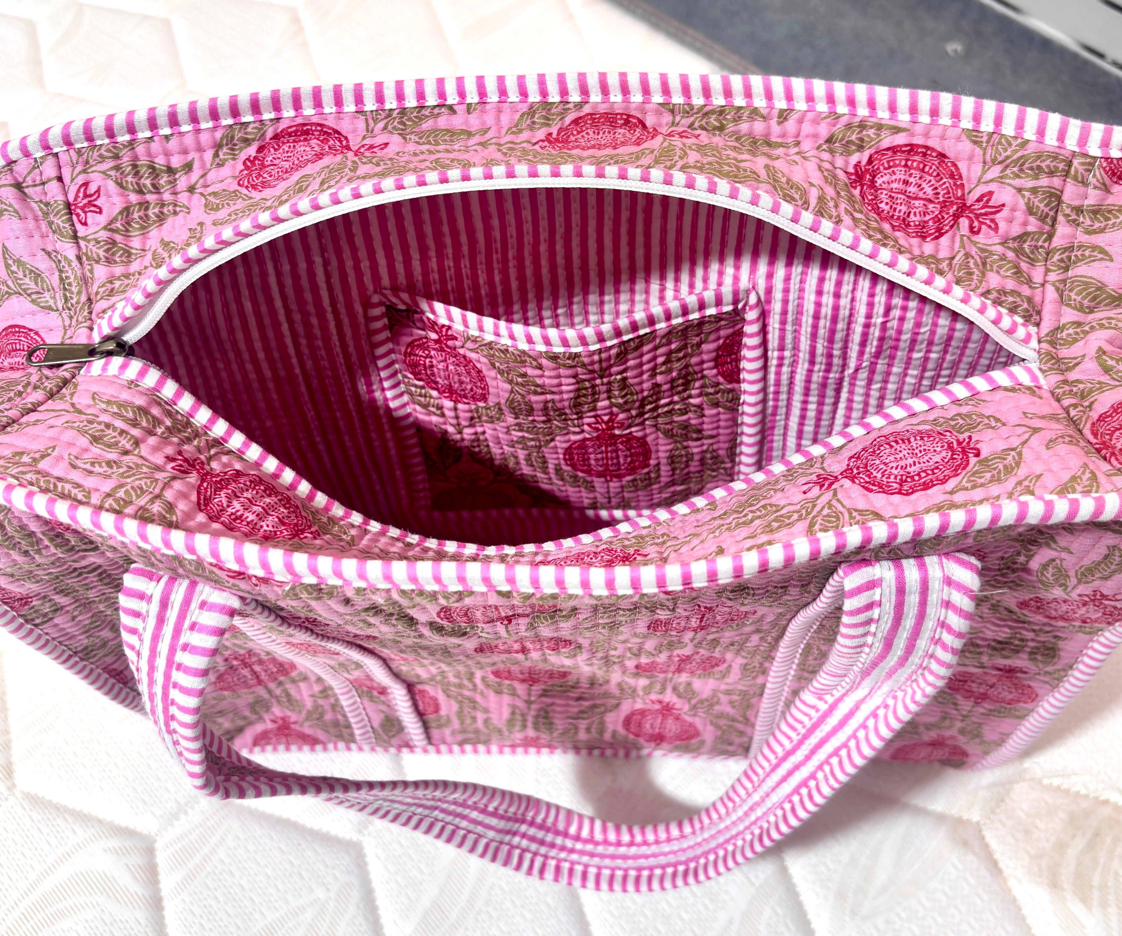 Pink Hand Block Print Quilted Cotton Tote Bag, Handmade Floral Shoulder Bag, Indian Cotton Shopping Tote, Reusable Beach Bag, Gift for Her