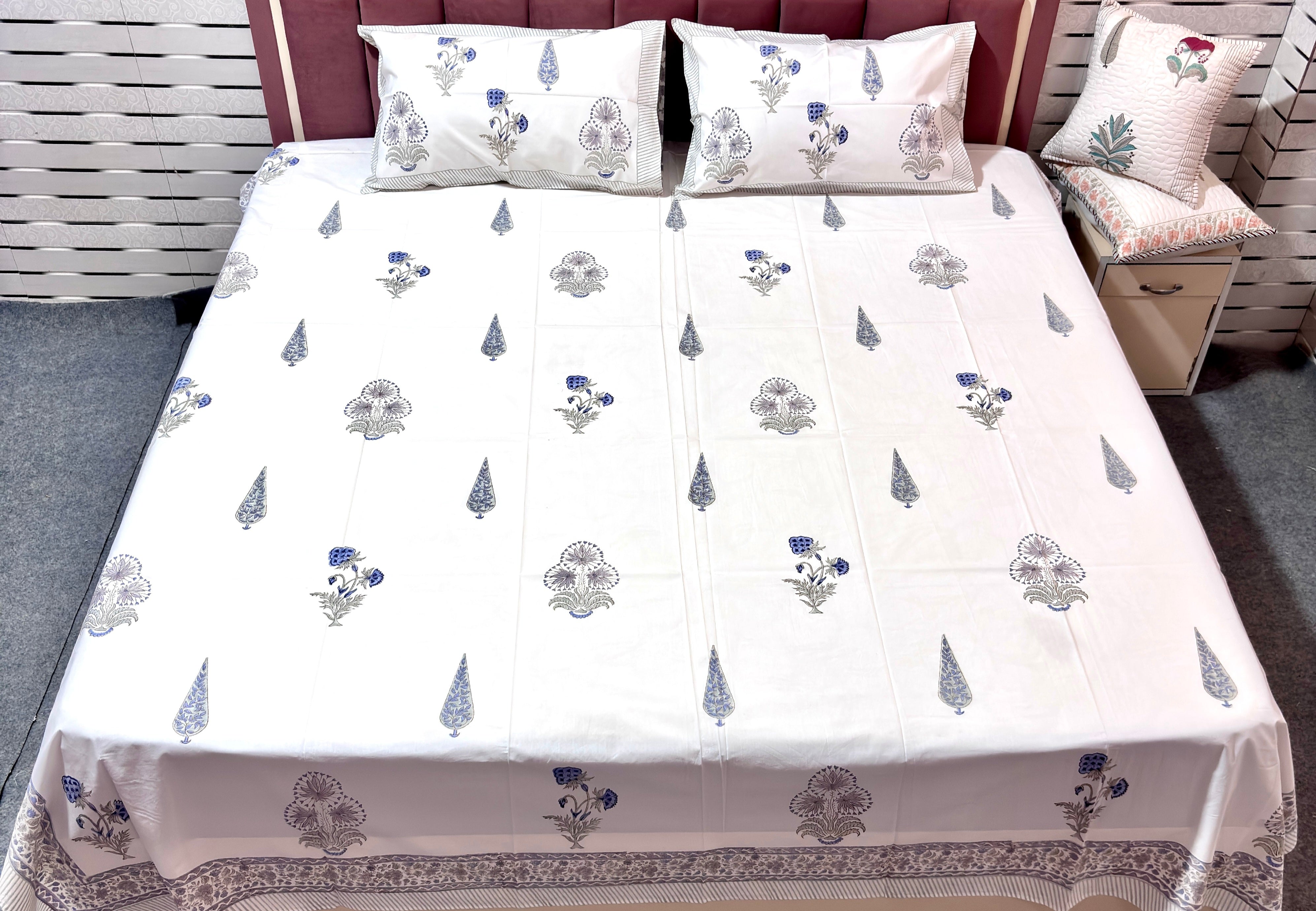 Hand Block Print Cotton Bedsheet Queen Size, Blue Floral Bedding Set, Handmade Indian Bed Linen, Luxury Bedroom Decor