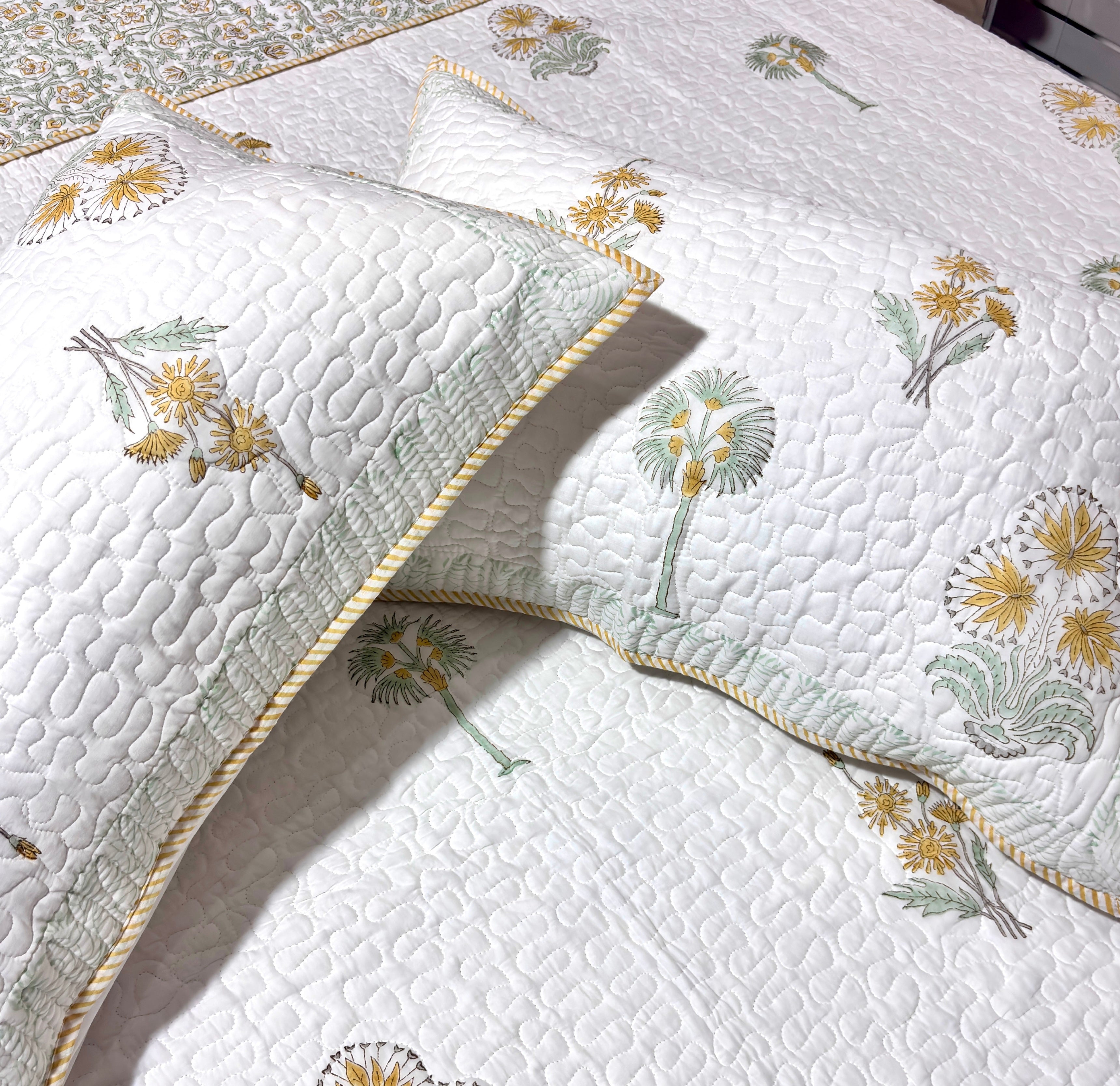 White Yellow Floral Quilted Bedcover | Cotton Bedspread | Hand Block Printed Handmade Bed Cover | Lightweight Floral Bedding