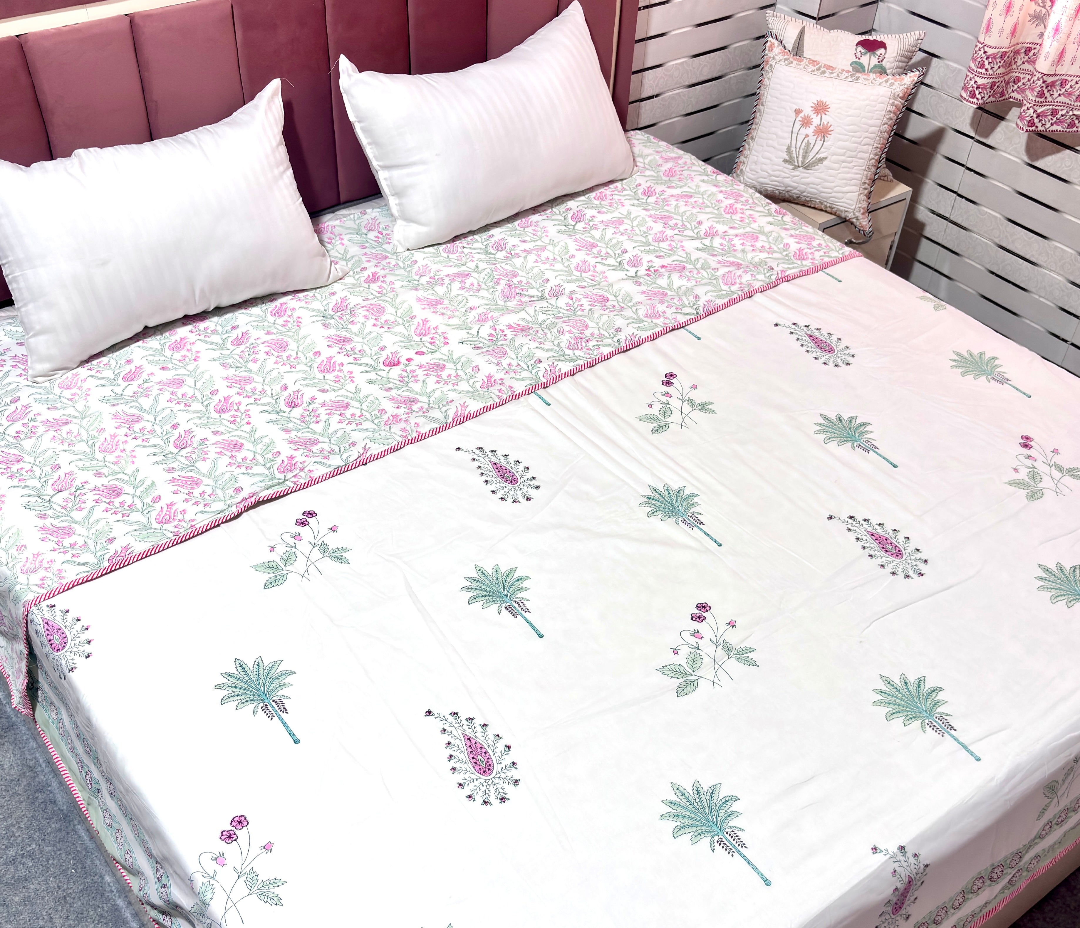 Hand Block Printed Cotton Dohar | Palm Tree Floral Jaipuri Dohar | Soft Reversible Summer AC Blanket | Handmade Cotton Bedding