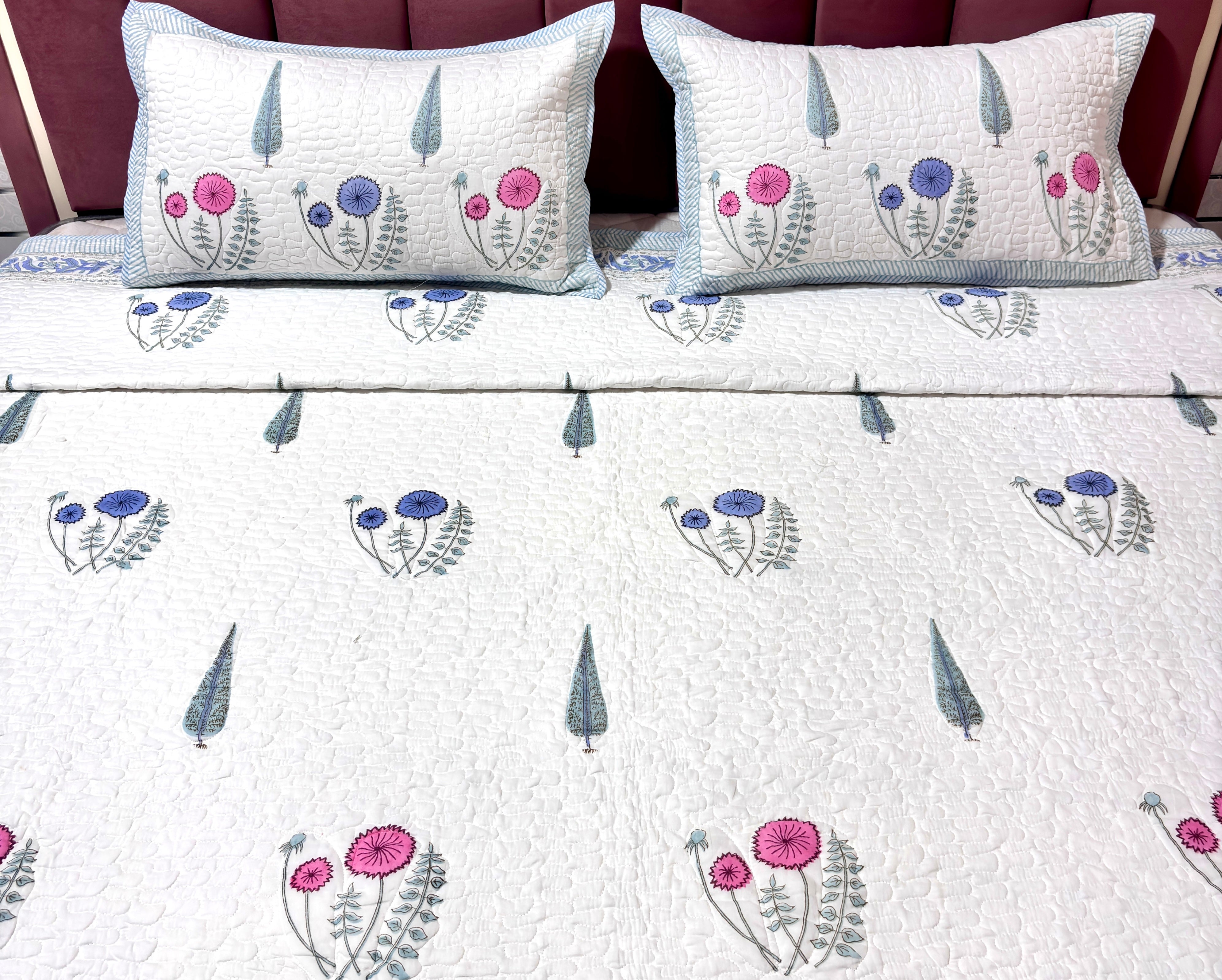 White Blue Pink Floral Bedcover | Quilted Cotton Bedspread | Hand Block Printed Handmade Bed Cover | Soft Indian Home Bedding