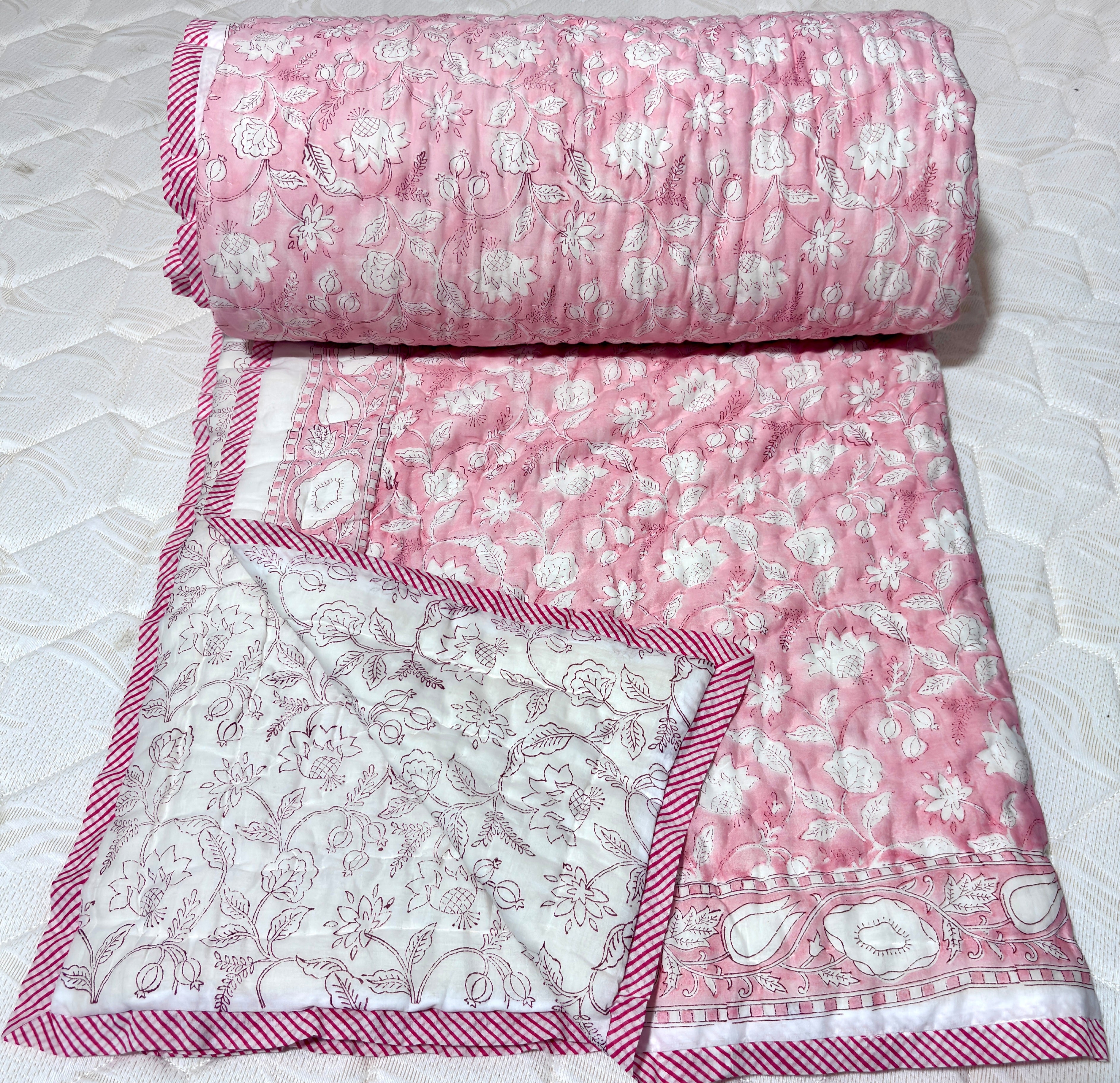 Pink White Floral Cotton Quilt | Quilted Bedspread | Hand Block Printed Handmade Quilt | Soft Lightweight Summer Bedding