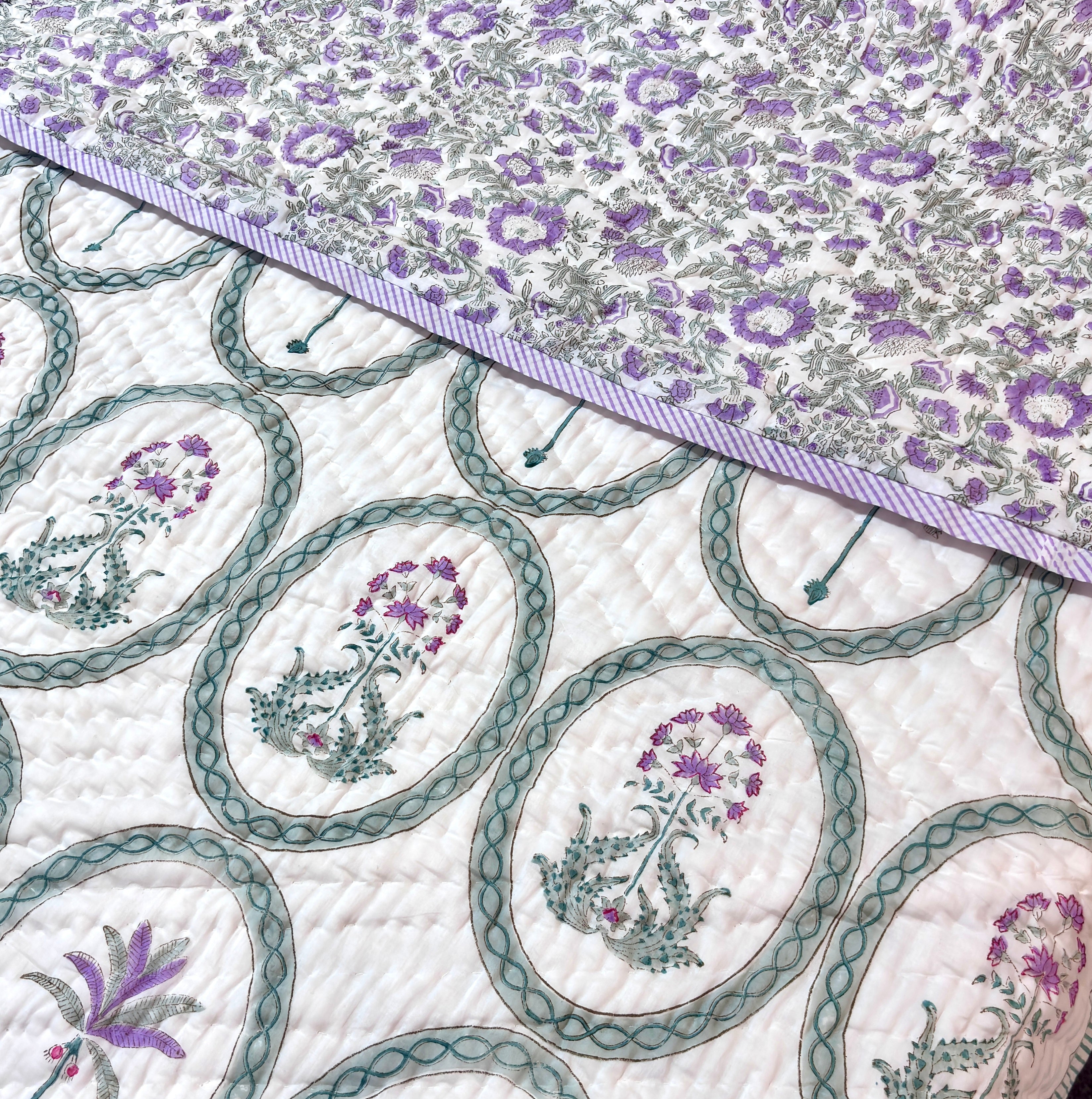 Hand Block Printed Cotton Quilt | Green Floral Medallion Reversible Bedspread | Handmade Indian Quilt | Lightweight Queen & King Size Bedding