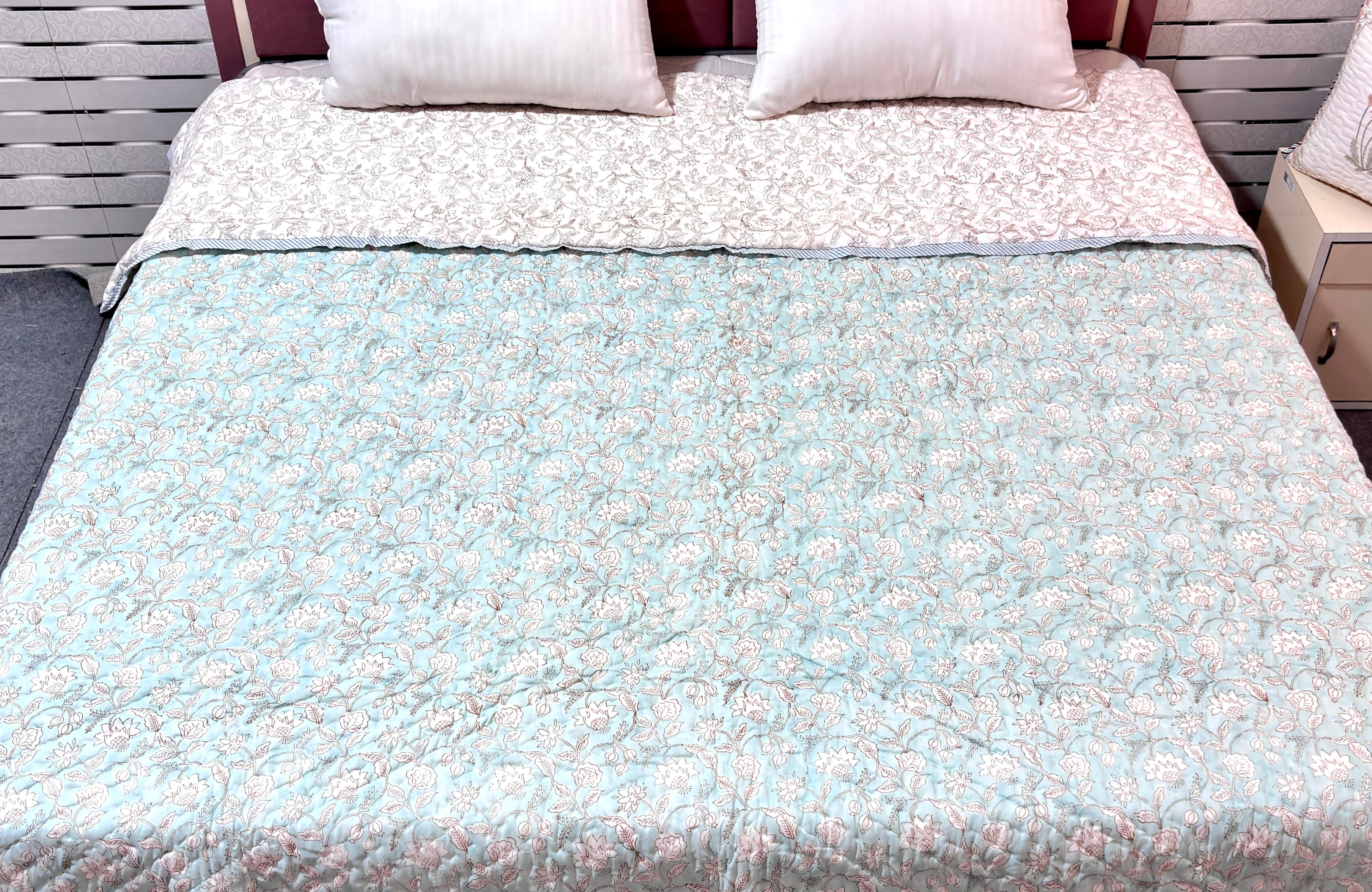 Floral Blue Cotton Quilt | Reversible Pink Flower Quilt | Hand Block Printed Indian Cotton Bedspread | Handmade Bedding