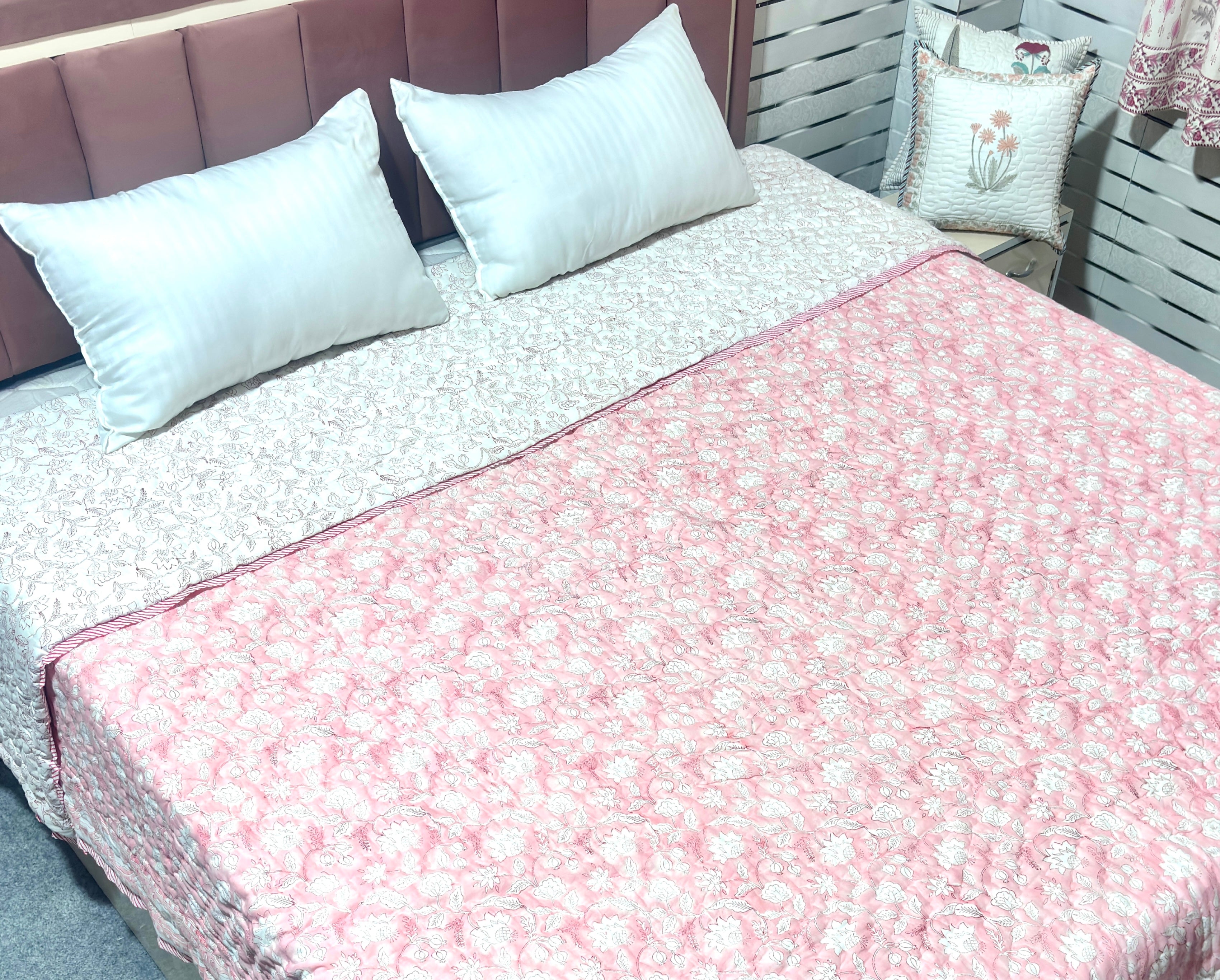 Pink White Floral Cotton Quilt | Quilted Bedspread | Hand Block Printed Handmade Quilt | Soft Lightweight Summer Bedding