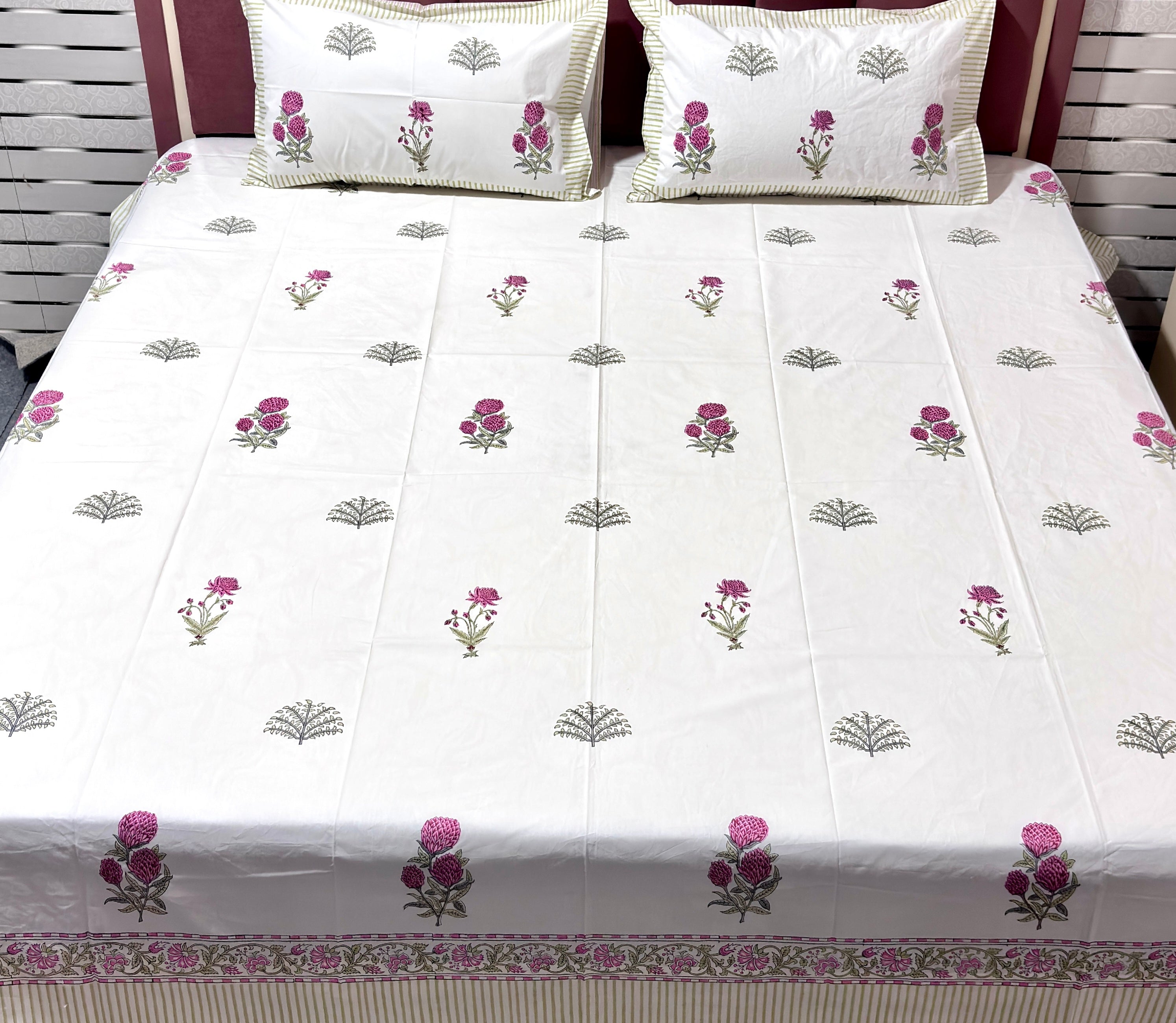 White Floral Cotton Bedsheet | Pink Flower & Green Botanical Printed Double Bed Sheet | Elegant Indian Floral Bedding | King Size