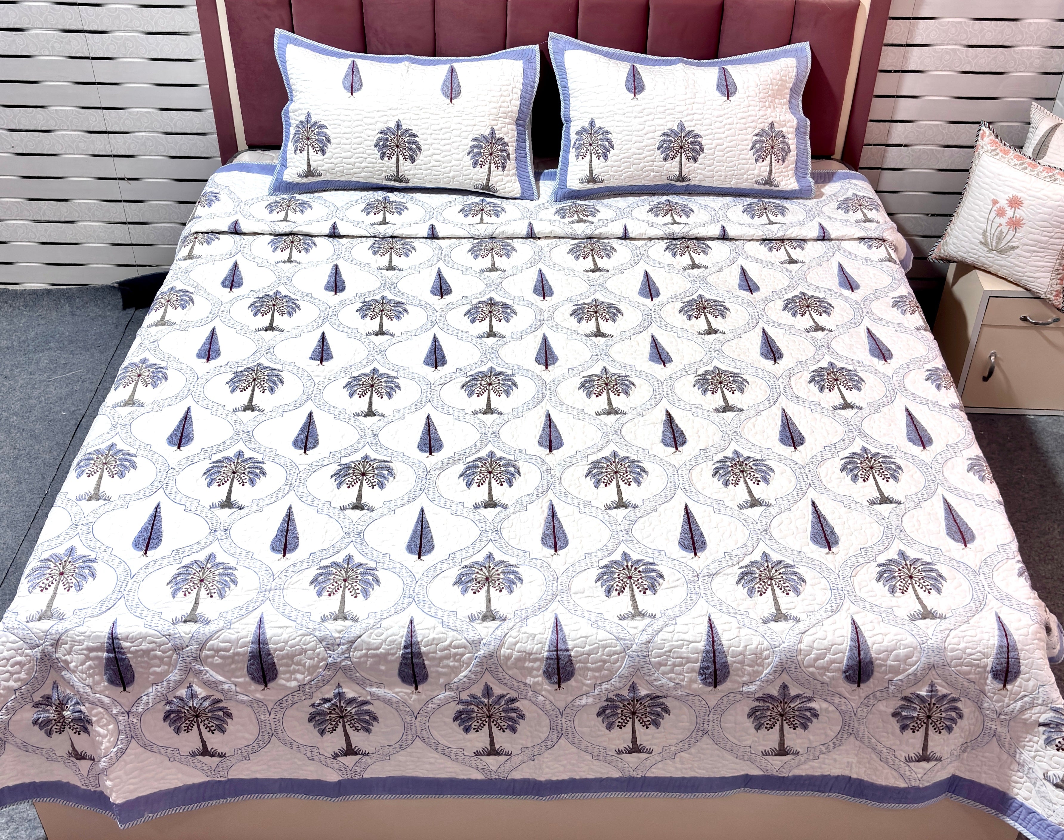 White Blue Palm Tree Quilted Bedcover | Cotton Bedspread | Hand Block Printed Handmade Bed Cover | Paisley Floral Bedding
