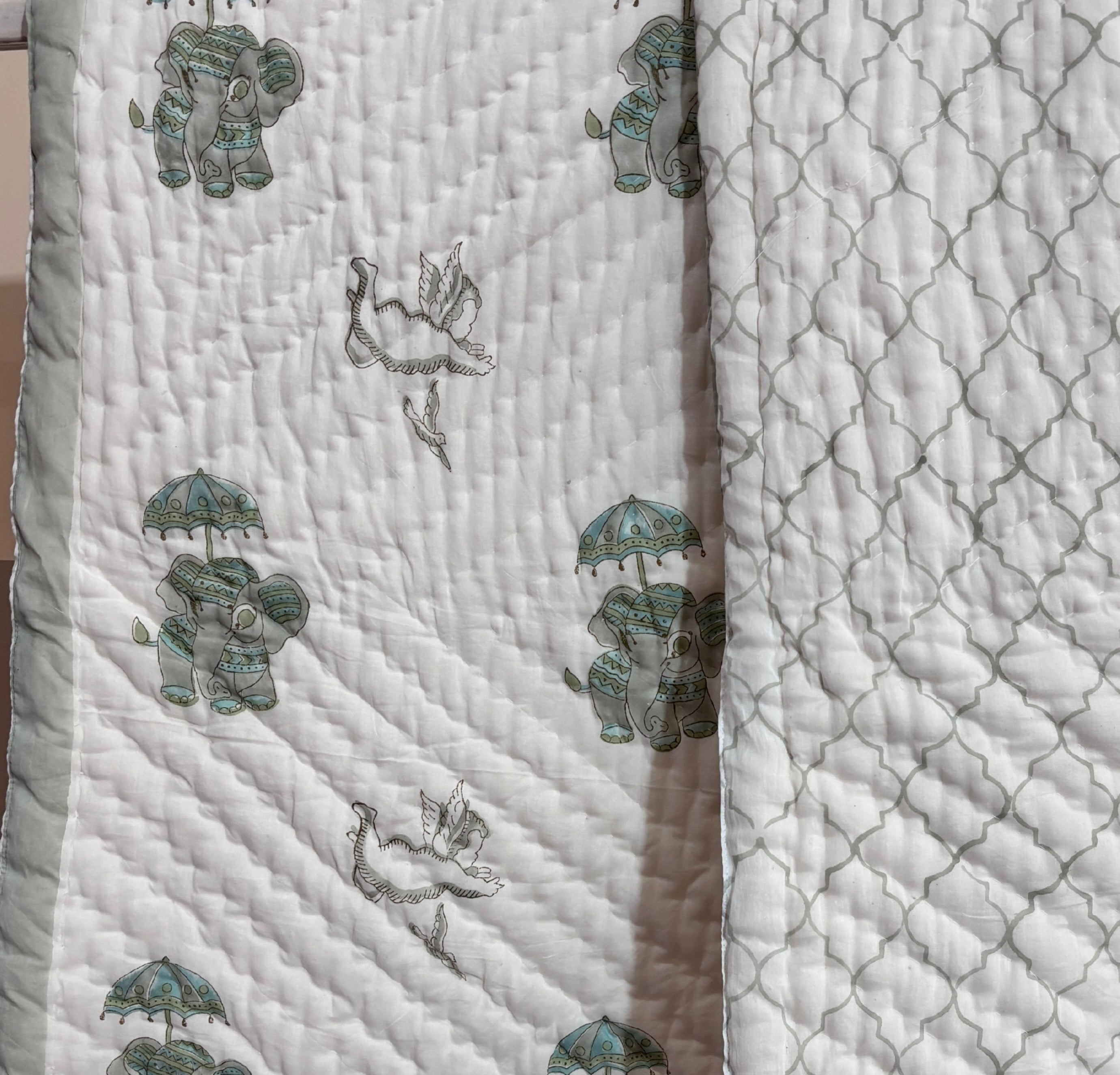 Hand Block Printed Baby Quilt | Elephant & Unicorn Cotton Baby Quilt | Handmade Reversible Baby Blanket | Soft Nursery Bedding | Toddler Quilt