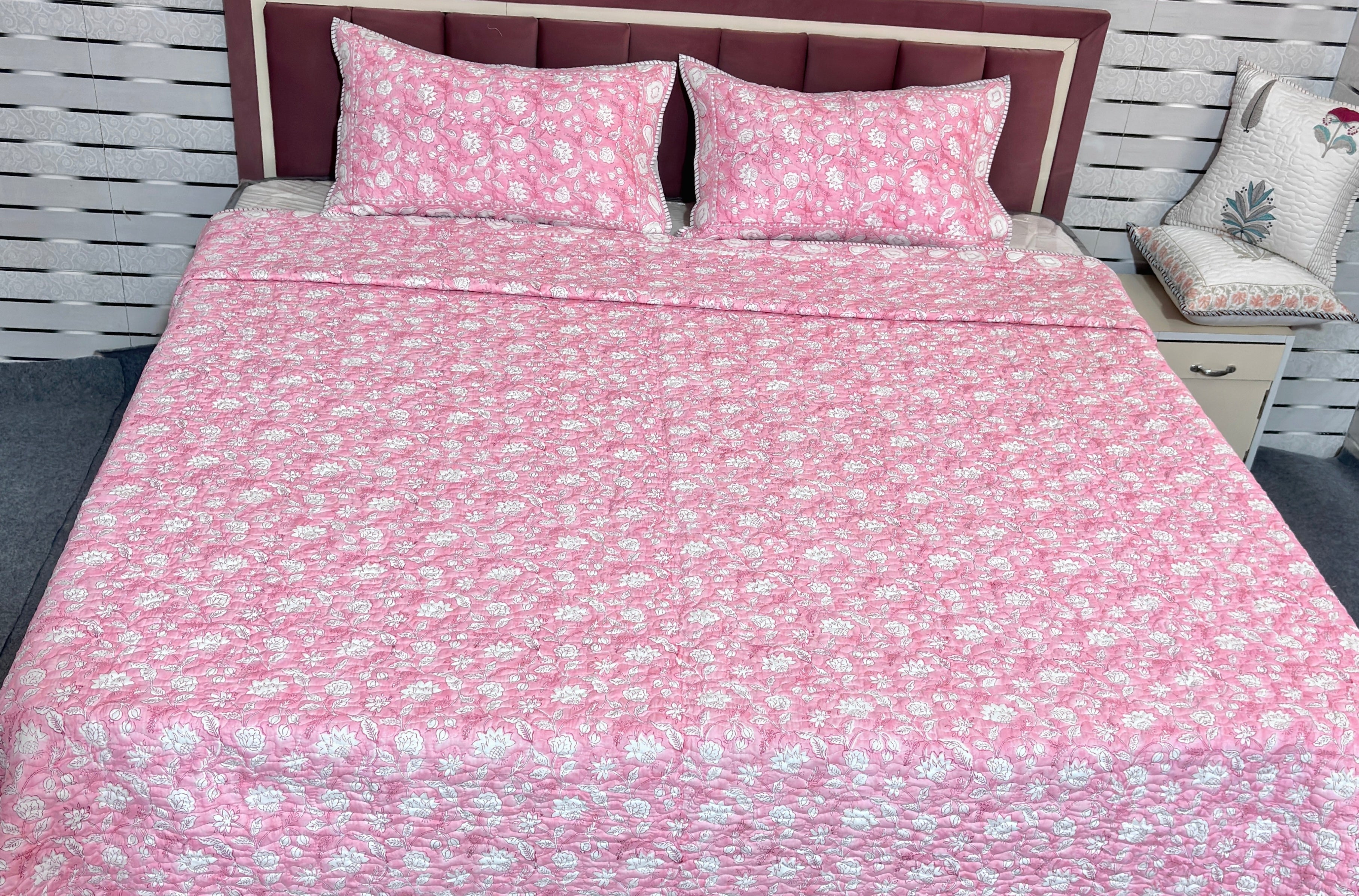 Pink Hand Block Print Cotton Bedcover Set | Floral Jaipuri Bedspread with Pillow Covers | Queen Size Bedding