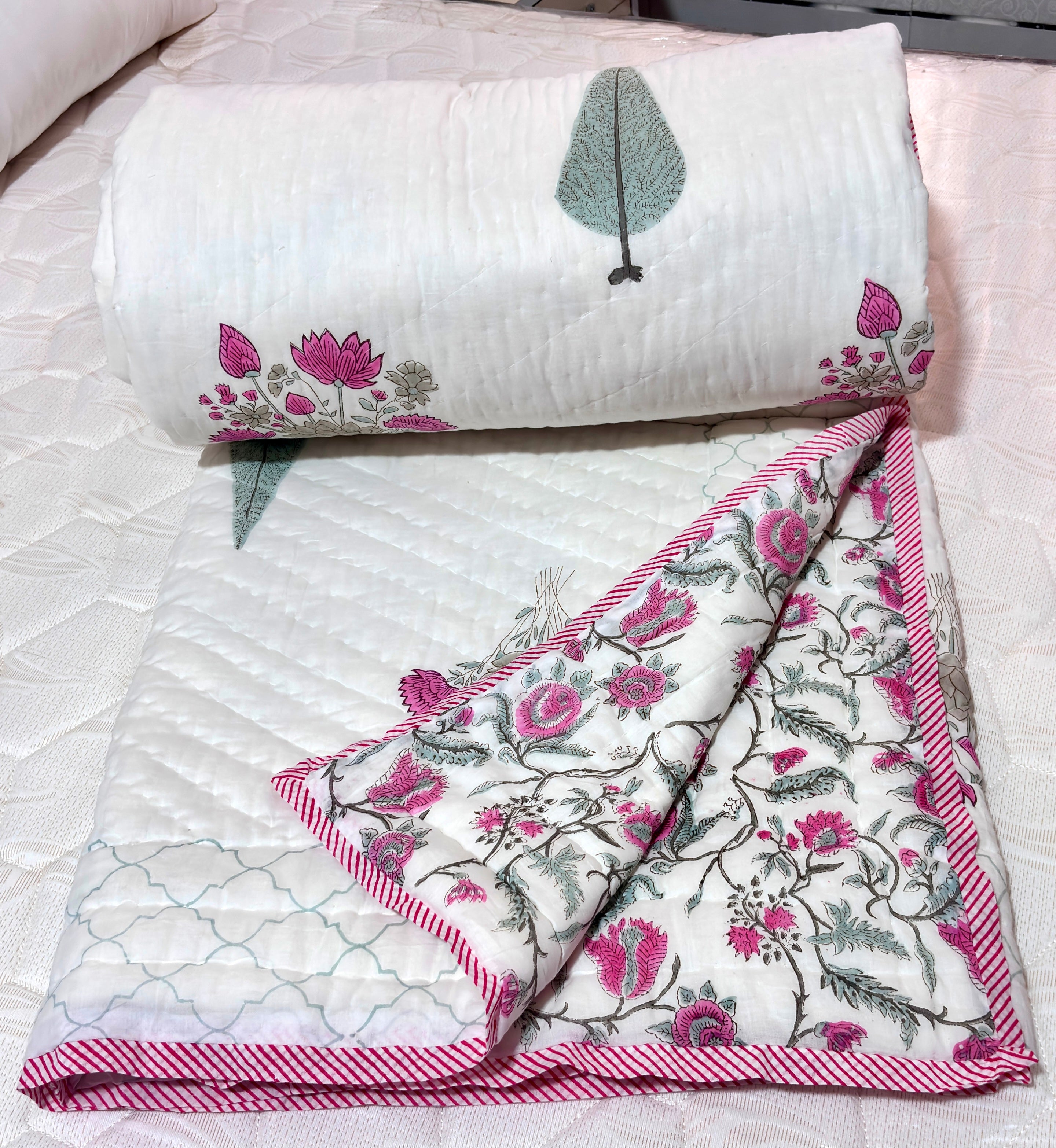 Hand Block Printed Cotton Quilt | Pink Floral Reversible Bedspread | Handmade Indian Quilt | Lightweight Queen & King Size Bedding | All Season Quilt