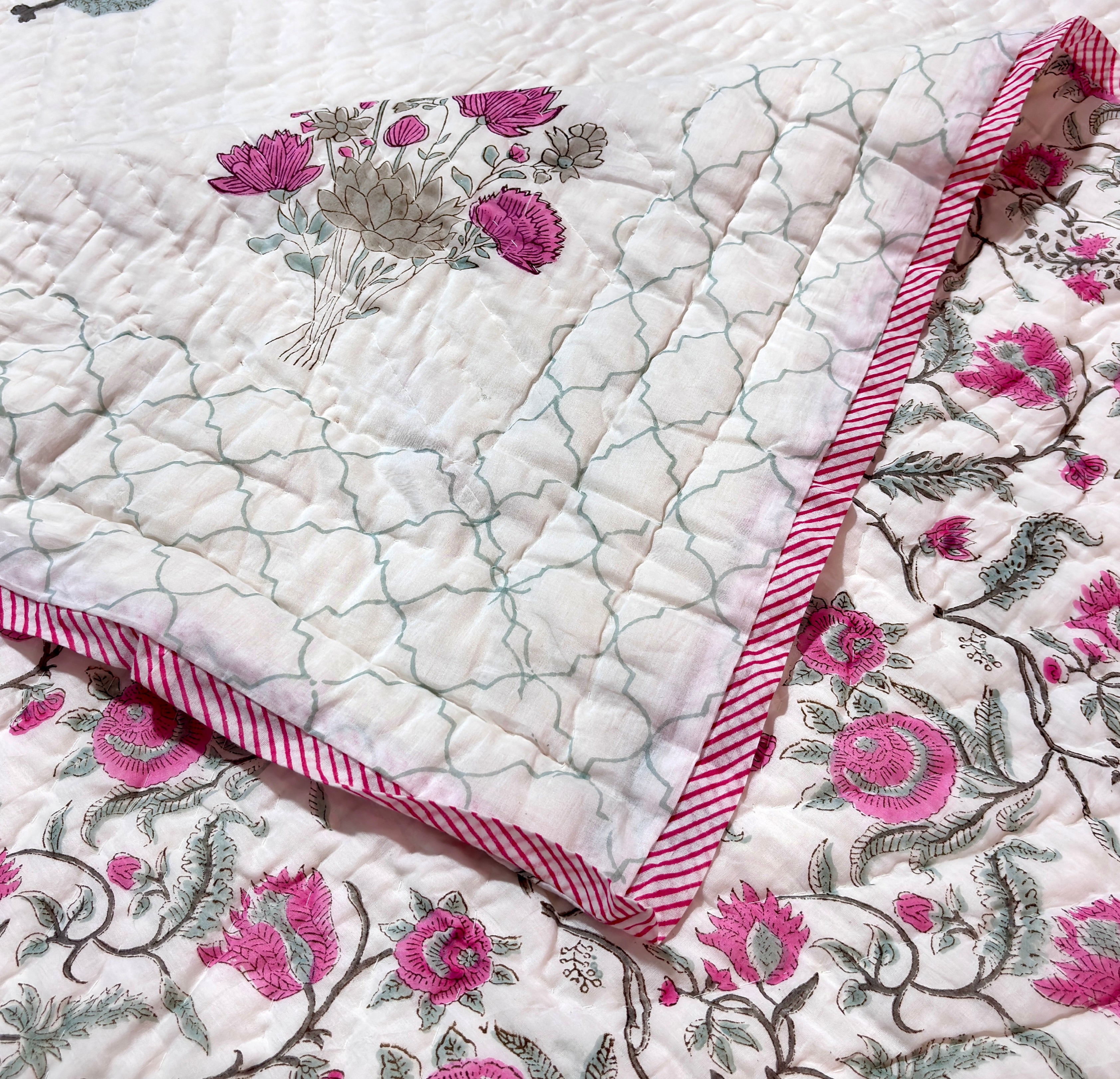 Pink Floral Cotton Quilt | Handmade Indian Block Print Bed Quilt | Soft Quilted Bedspread | Reversible Cotton Bedding
