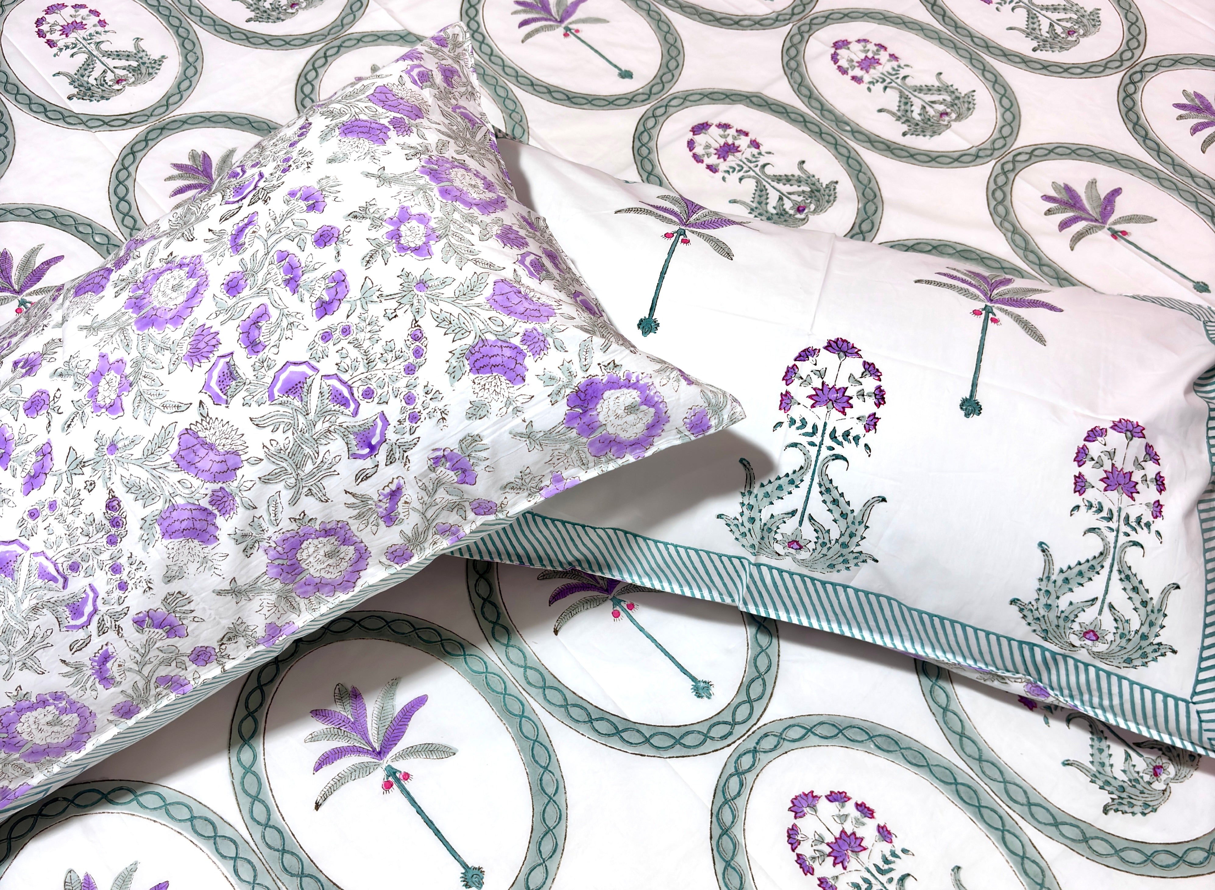 MARIGOLD HAND BLOCK PRINTED BEDSHEET WITH TWO REVERSIBLE PILLOW COVERS