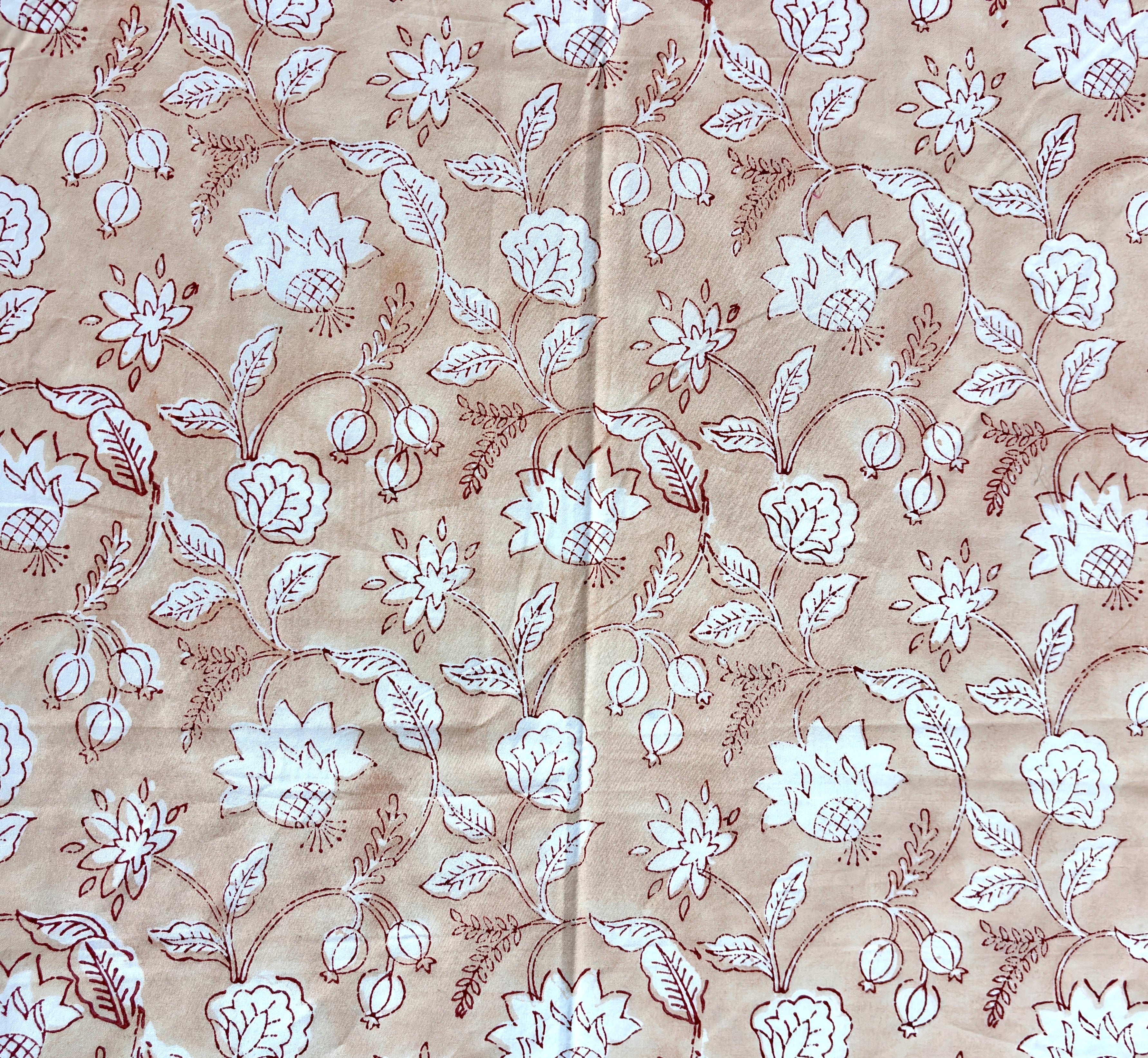 Floral Hand Block Print Cotton Bedsheet King Size | Peach Beige Bedding Set with Pillow Covers | Jaipur Handmade Bedsheet