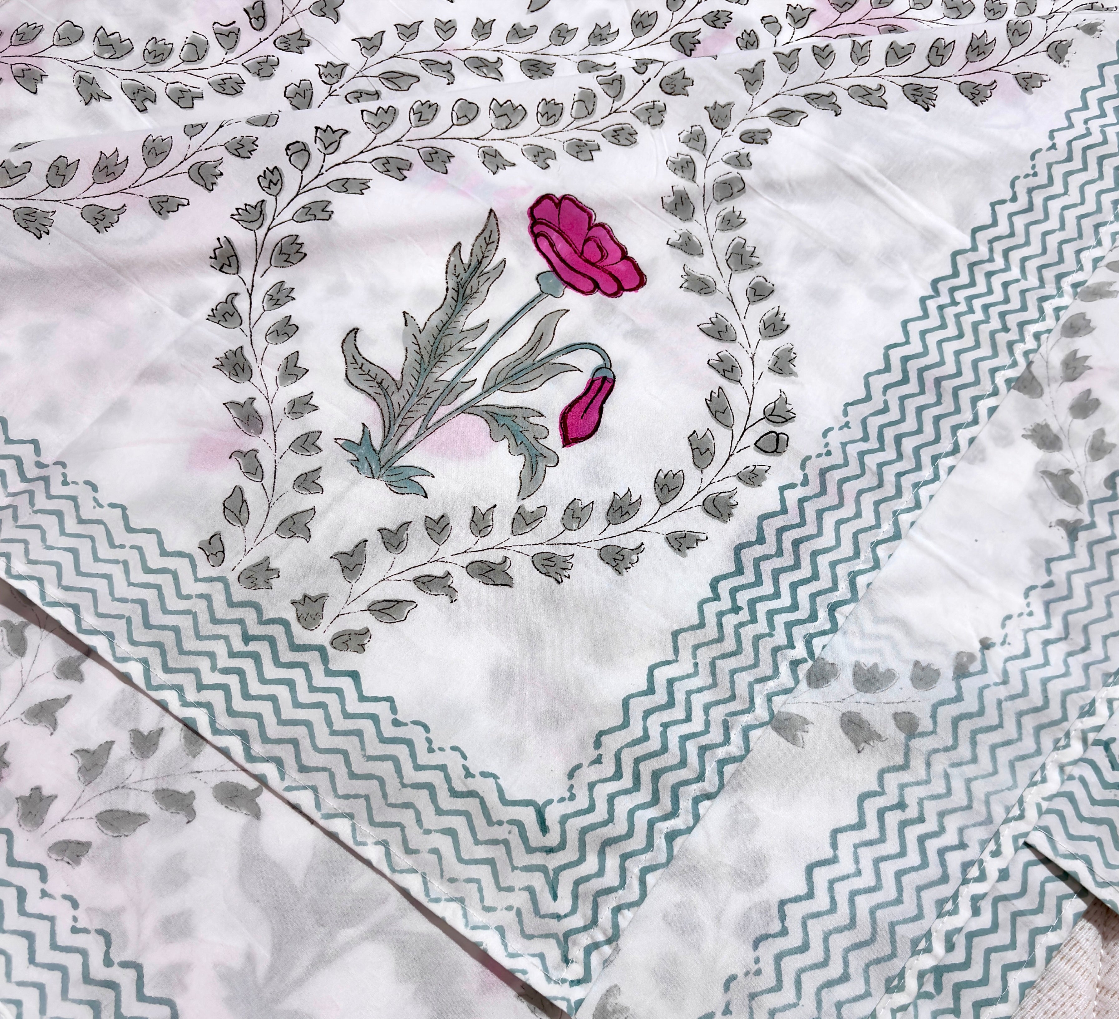 Hand Block Printed Cotton Bedsheet | Floral Pink & Grey Double Bedsheet | 108 x 108 Inch