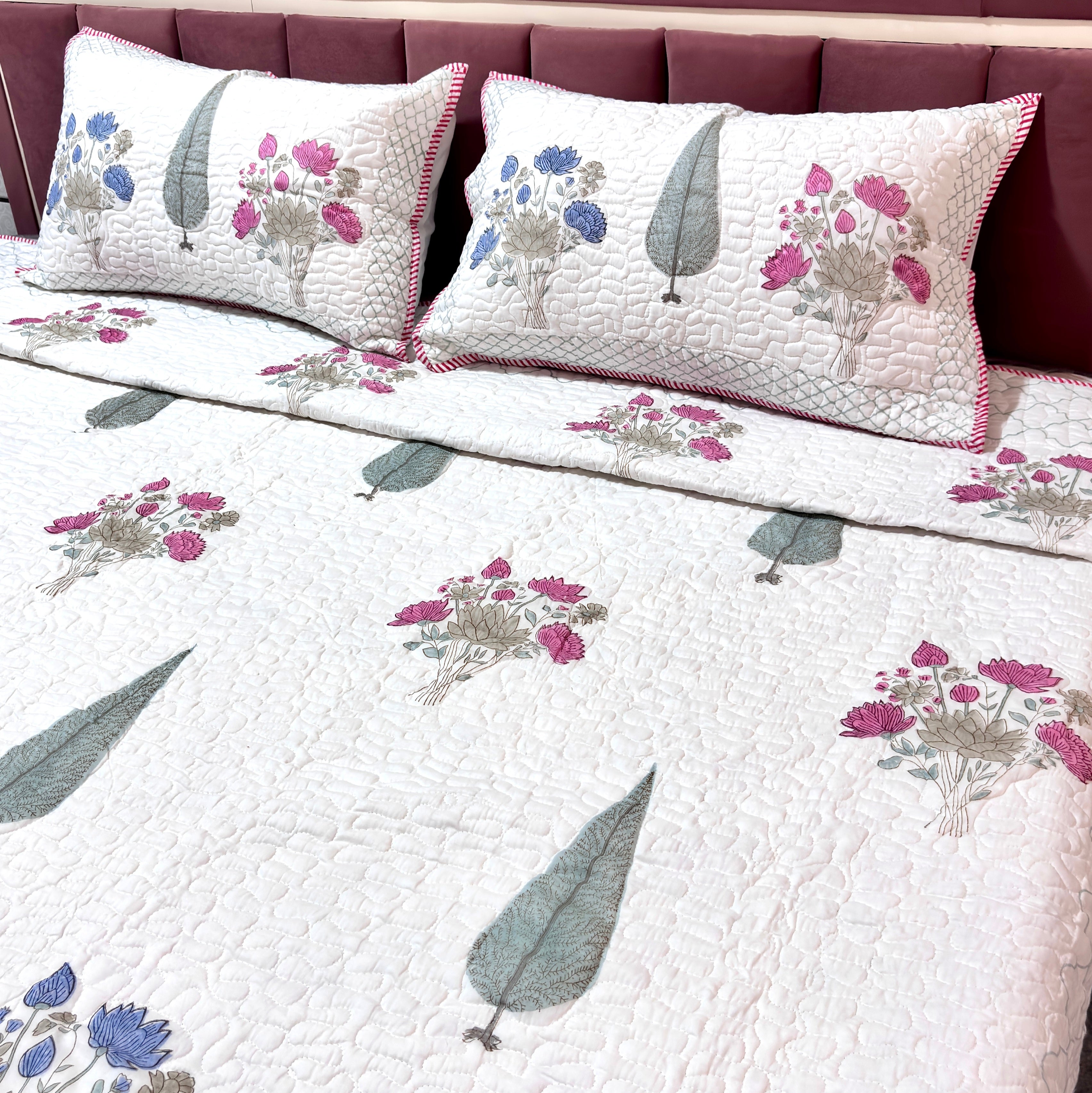 Premium Floral Quilted Bedcover Set with Pillow Covers – Soft Cotton Double Bedspread for Home Decor
