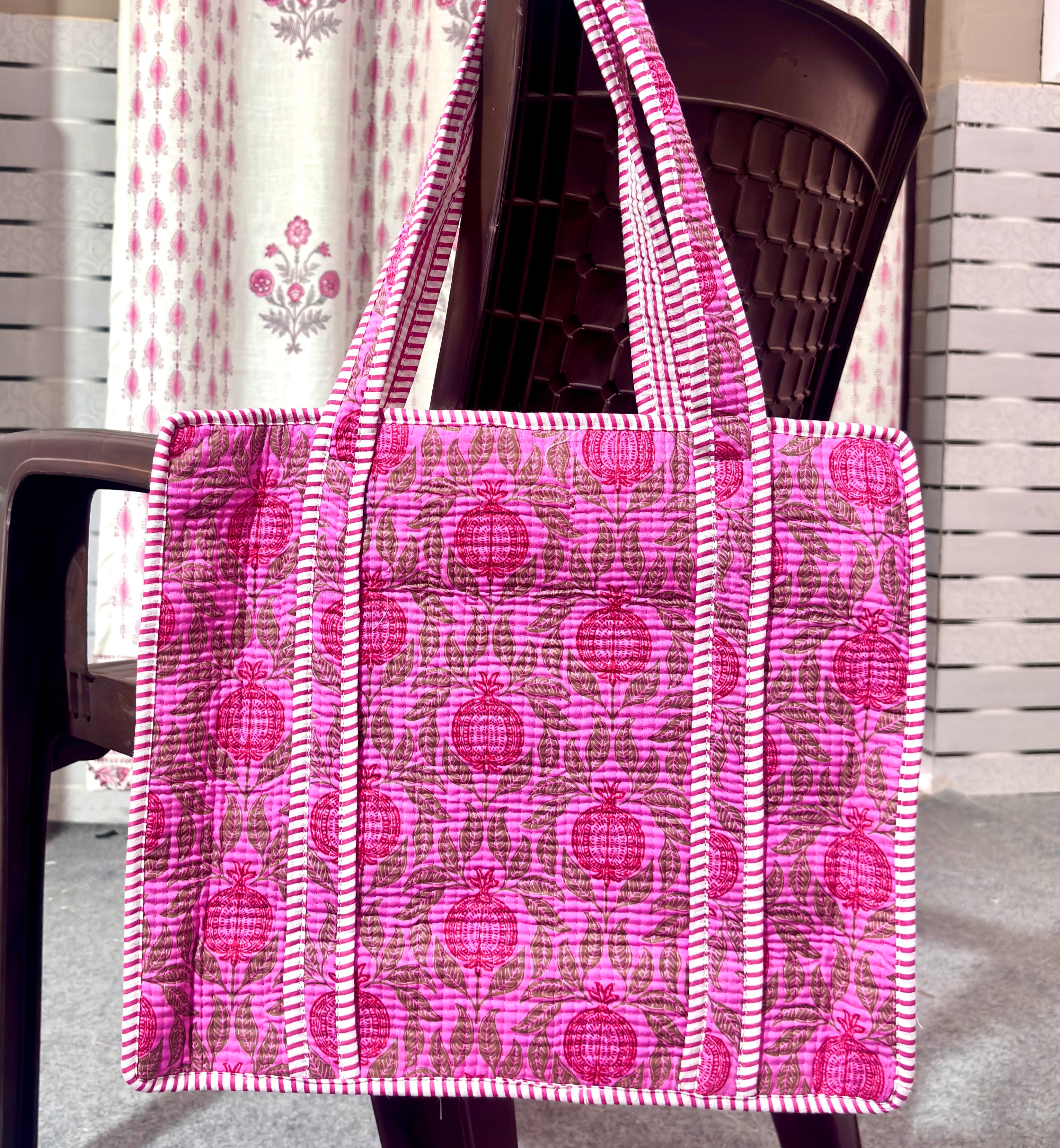 Pink Floral Quilted Cotton Tote Bag for Women | Handmade Shoulder Bag | Large Reusable Shopping, Travel & Everyday Carry Bag