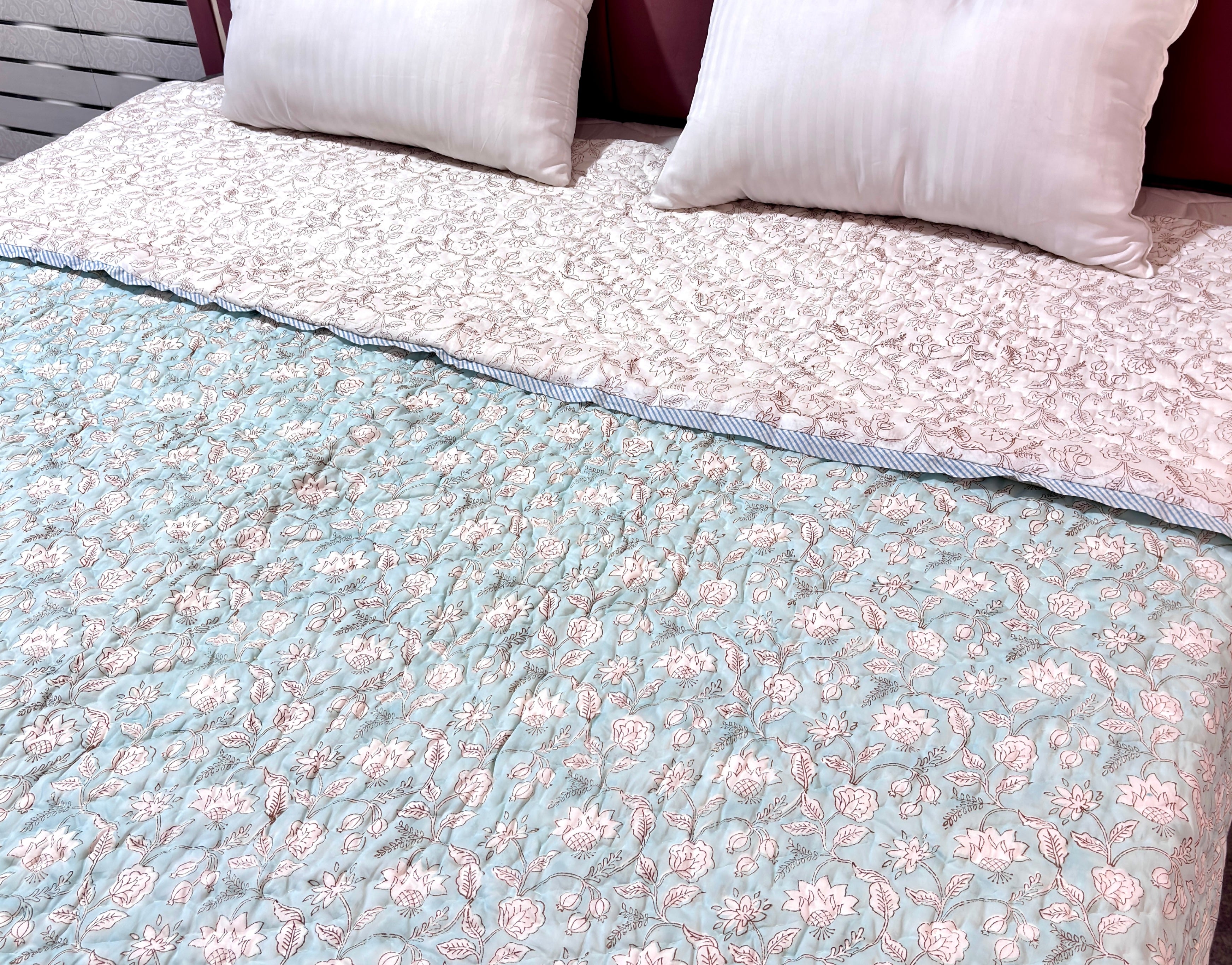 Floral Blue Cotton Quilt | Reversible Pink Flower Quilt | Hand Block Printed Indian Cotton Bedspread | Handmade Bedding