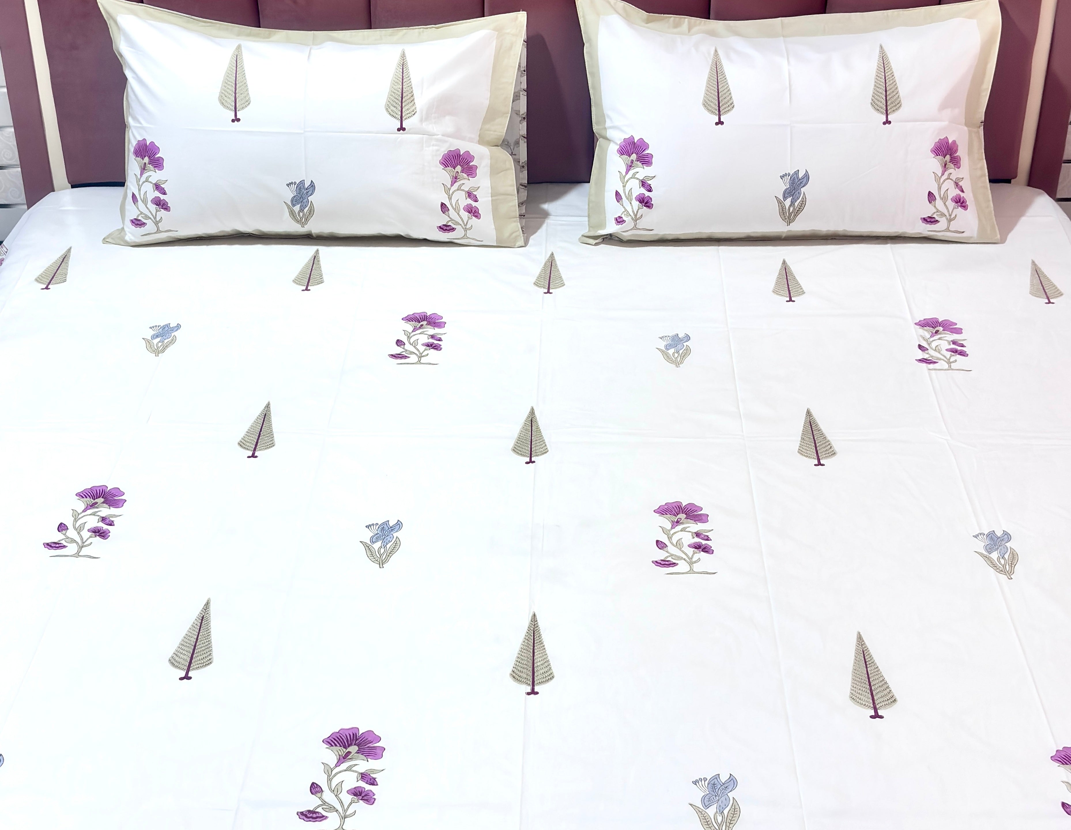 White Floral Cotton Bedsheet | Purple & Blue Flower Printed Bed Sheet | Elegant Indian Floral Bedding